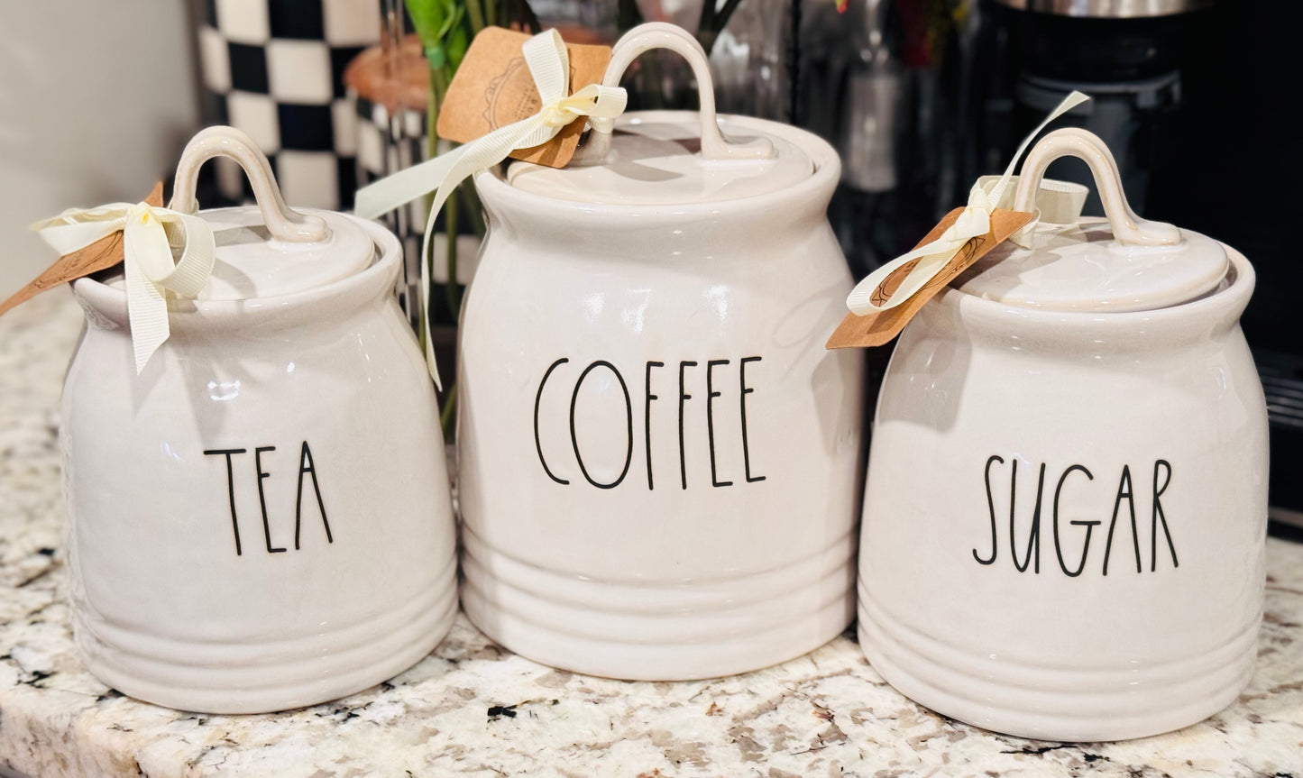 New Release! Rae Dunn ceramic 3-piece canister set COFFEE SUGAR TEA 7.5 & 6.5” tall