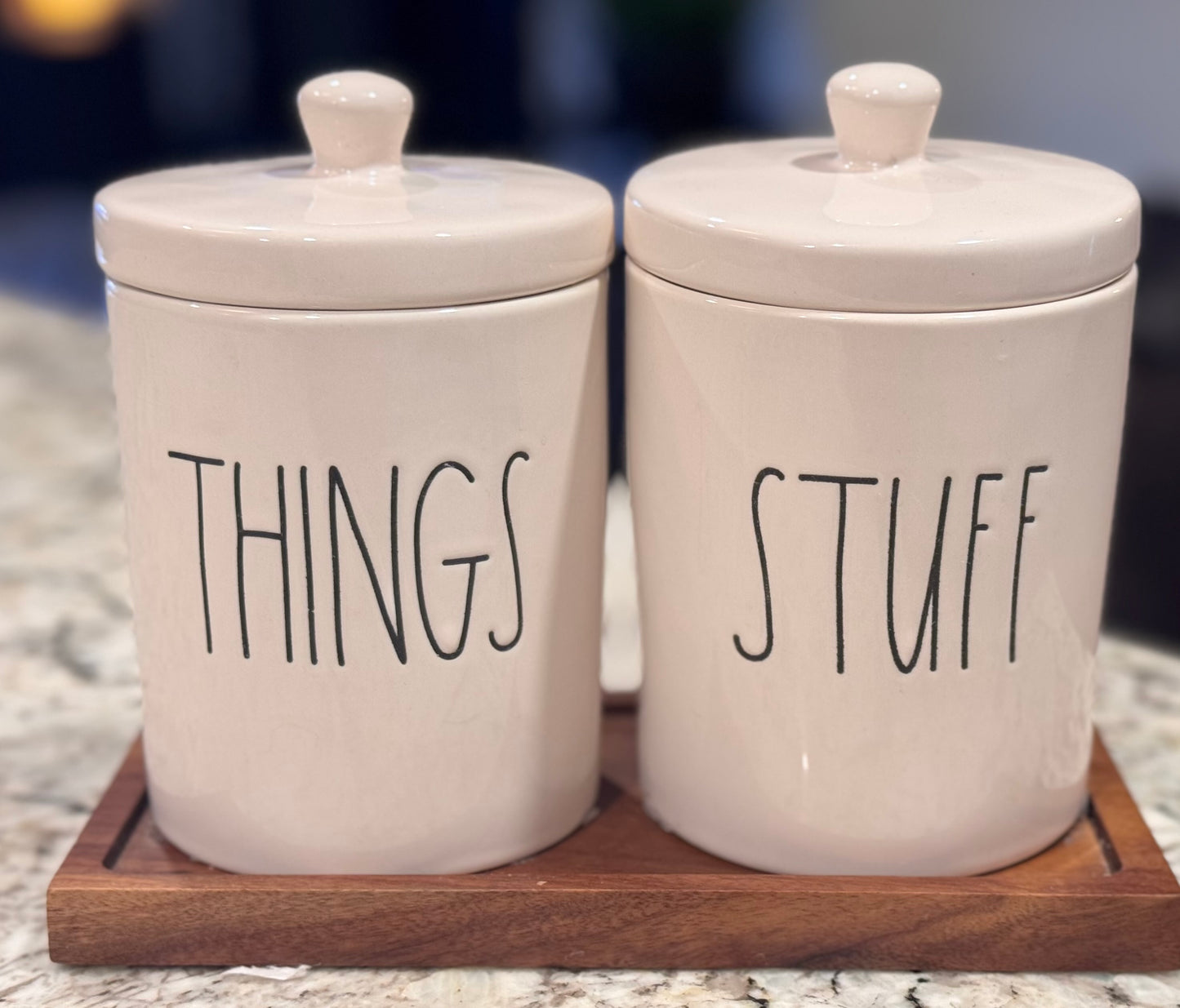 New Rae Dunn white ceramic THINGS & STUFF storage jars on wood block