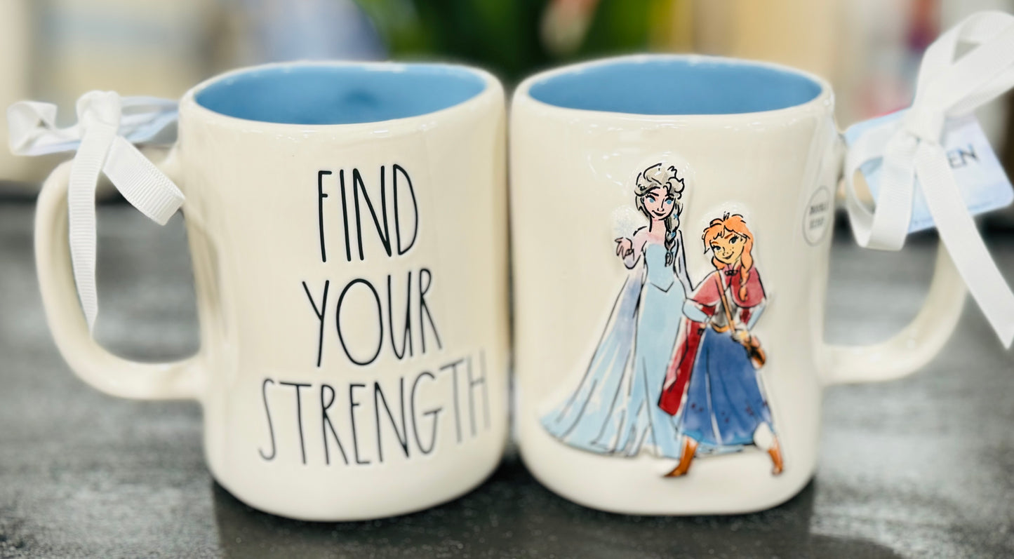 New Rae Dunn x Disney’s Frozen ceramic mug FIND YOUR STRENGTH Elsa & Ana on back