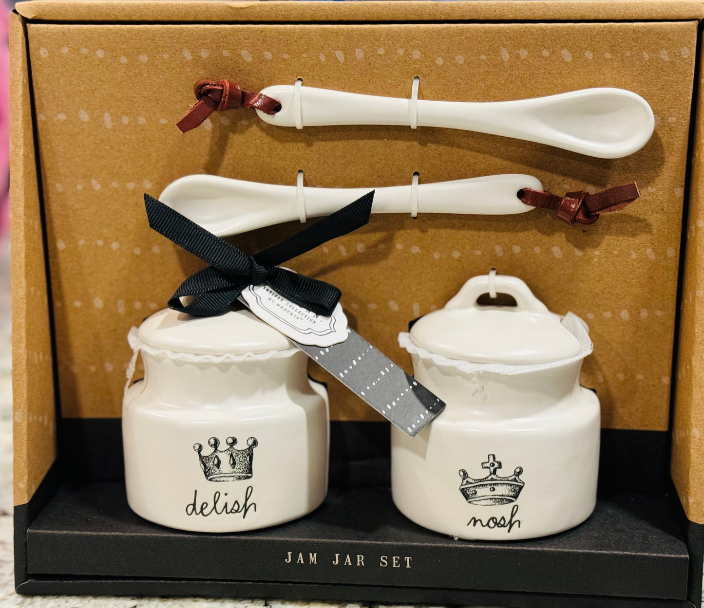 New Rae Dunn white ceramic New line release jam jar set Crown line