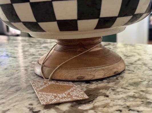New ceramic Made in India black check checkered 10.5x5.5 large table top pedestal fruit bowl