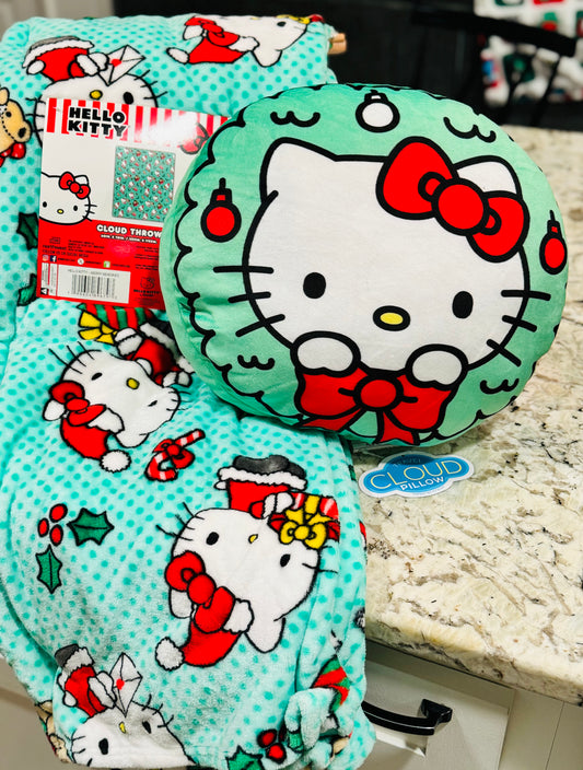 New 2-piece Hello Kitty green Christmas cloud throw blanket 60x70 & travel cloud pillow