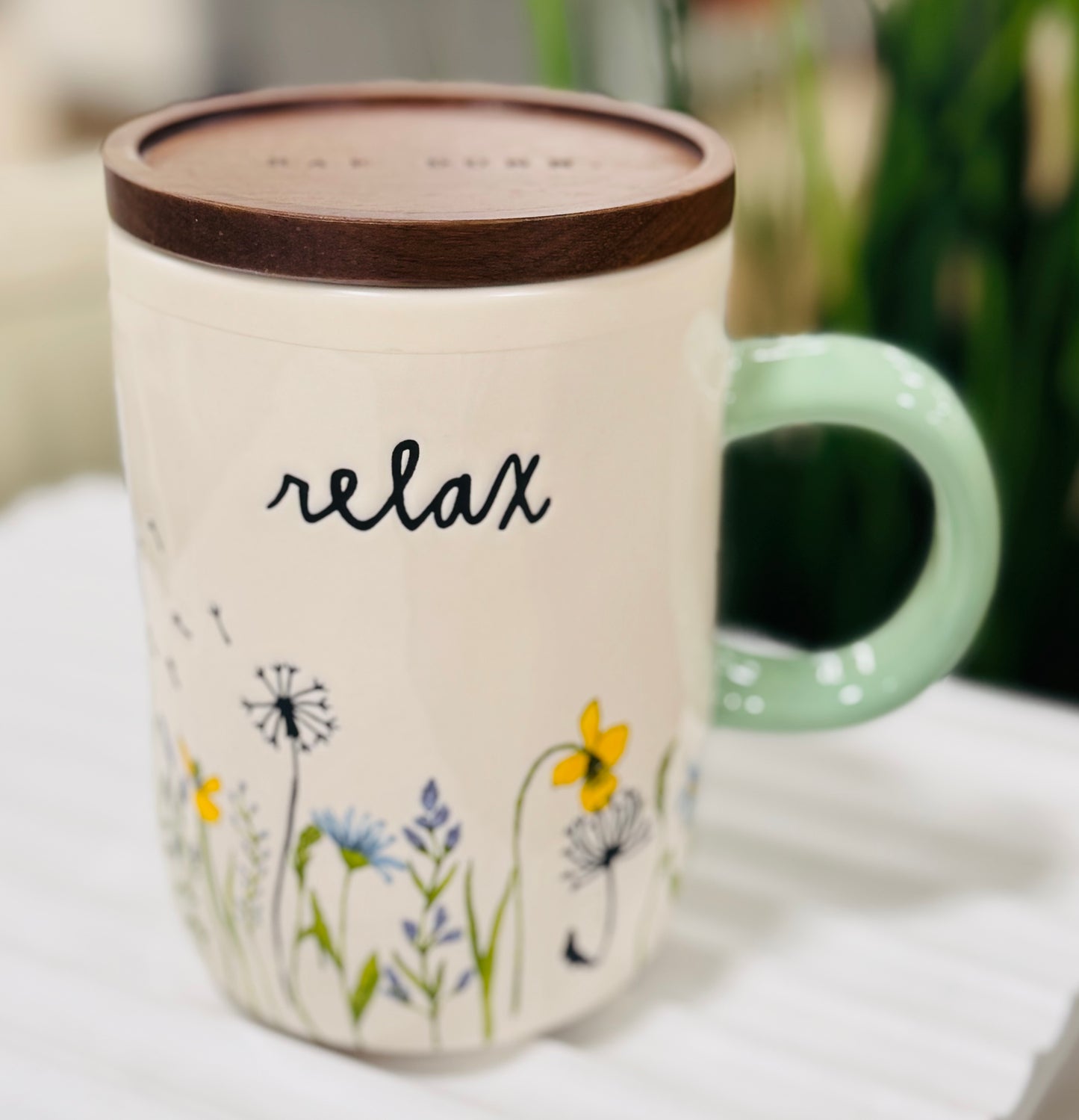 New Rae Dunn coaster top ceramic coffee mug RELAX
