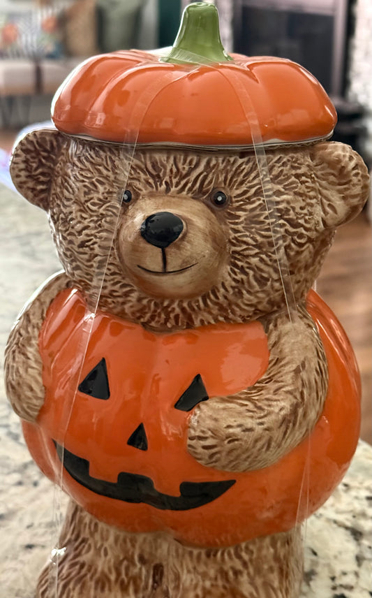 New ceramic Teddy Bear Creepy Critters fall pumpkin cookie jar canister