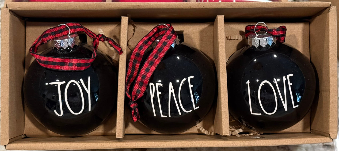 New in box Rae Dunn black ceramic Christmas ornament set JOY, PEACE, LOVE