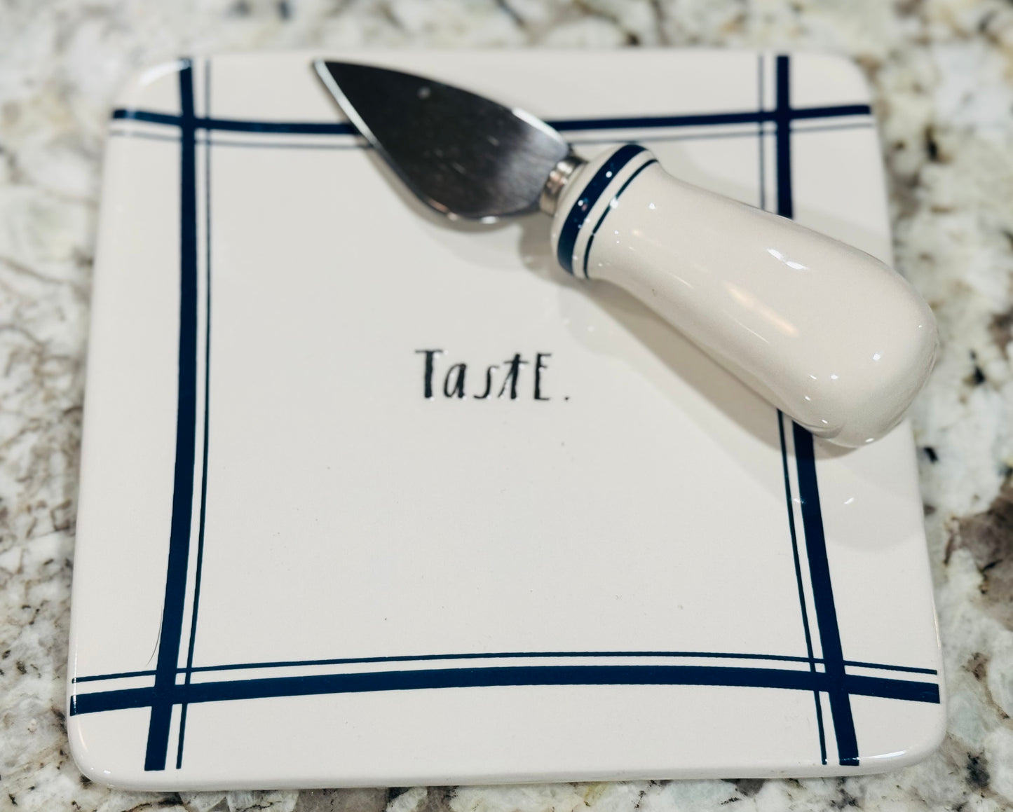 Rae Dunn blue line ceramic cheese knife & plate set TASTE