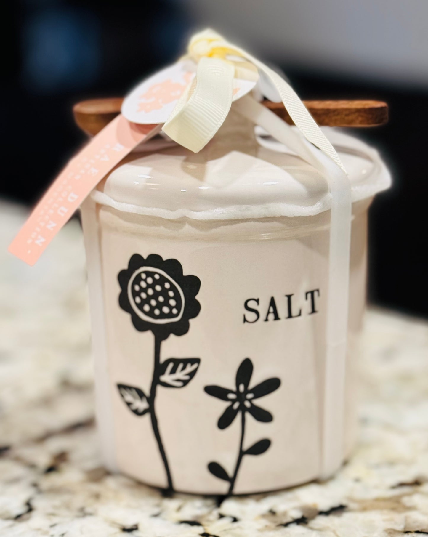 New Rae Dunn floral ceramic SALT cellar with wood mini spoon