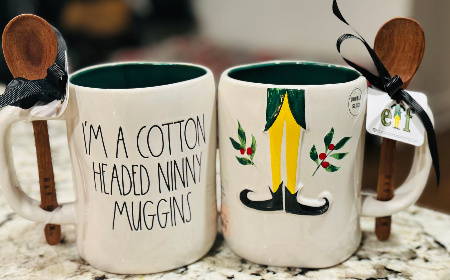 New Rae Dunn x Elf Movie ceramic mug with wood spoon I’M A COTTON HEADED NINNY MUGGINS