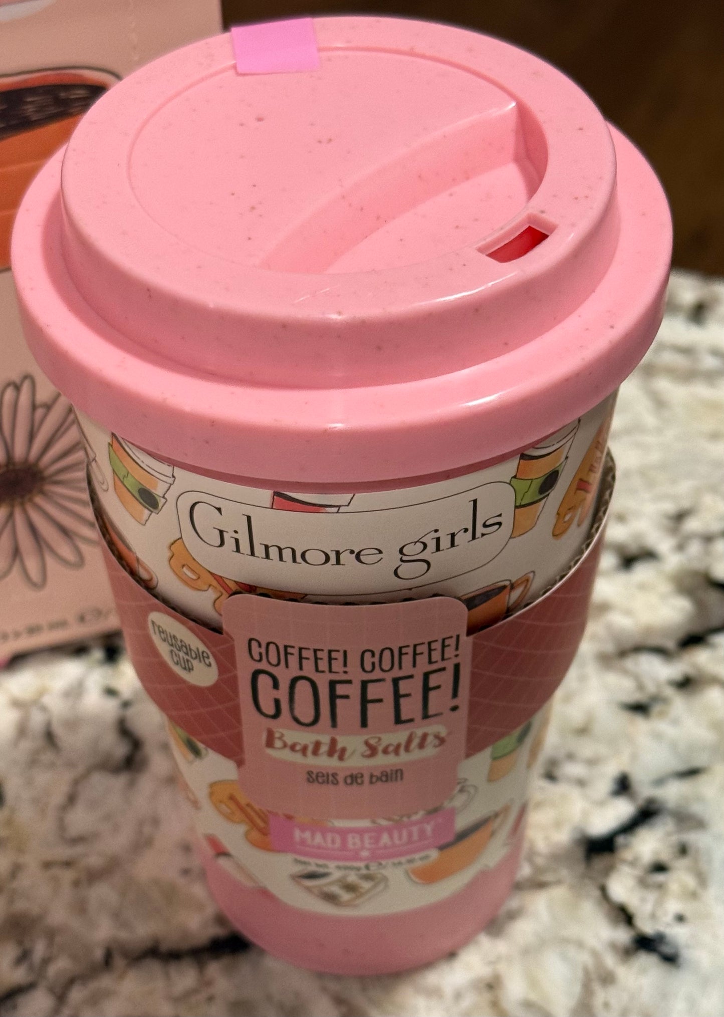 New Mad Beauty The Gilmore Girls pink travel coffee cup bath salts gift cup