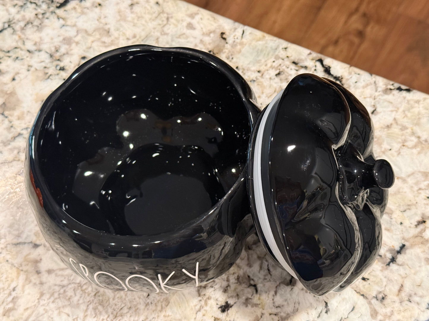 New Rae Dunn black iridescent ceramic Halloween decor SPOOKY pumpkin storage jar 7”