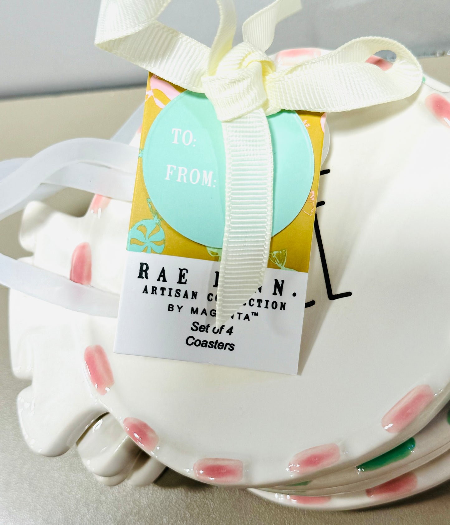 New Rae Dunn 4-piece pastel peppermint coaster set SUGAR SPICE NAUGHTY NICE