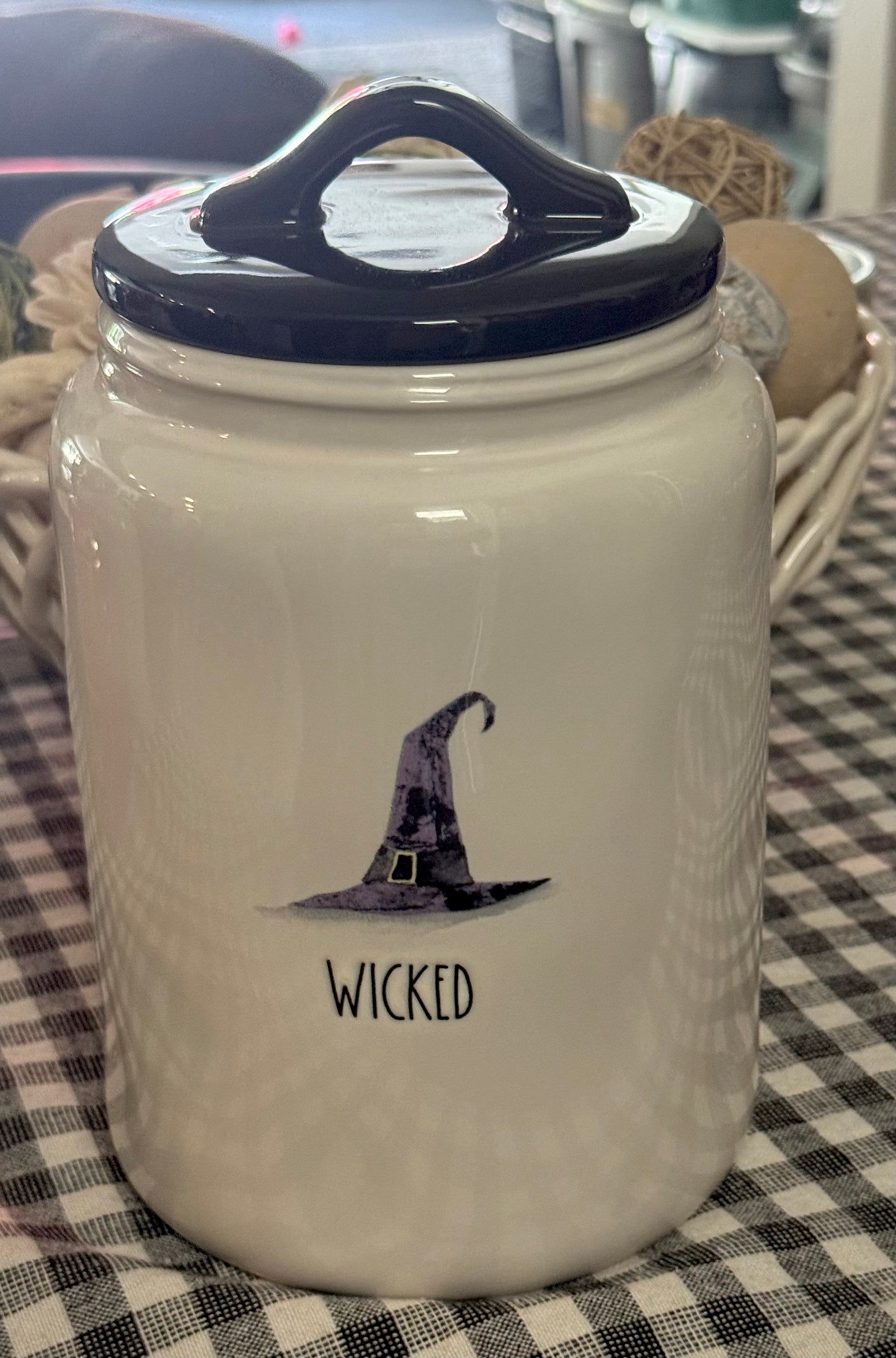 New Rae Dunn white witch hat ceramic Halloween decor 9” canister WICKED