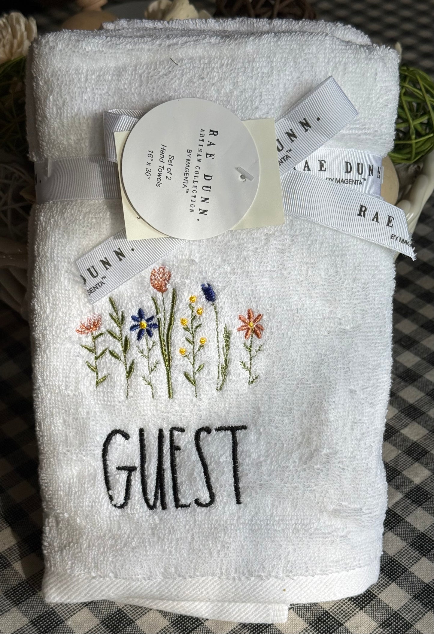 New Rae Dunn 2-piece floral bathroom hand towel set GUEST