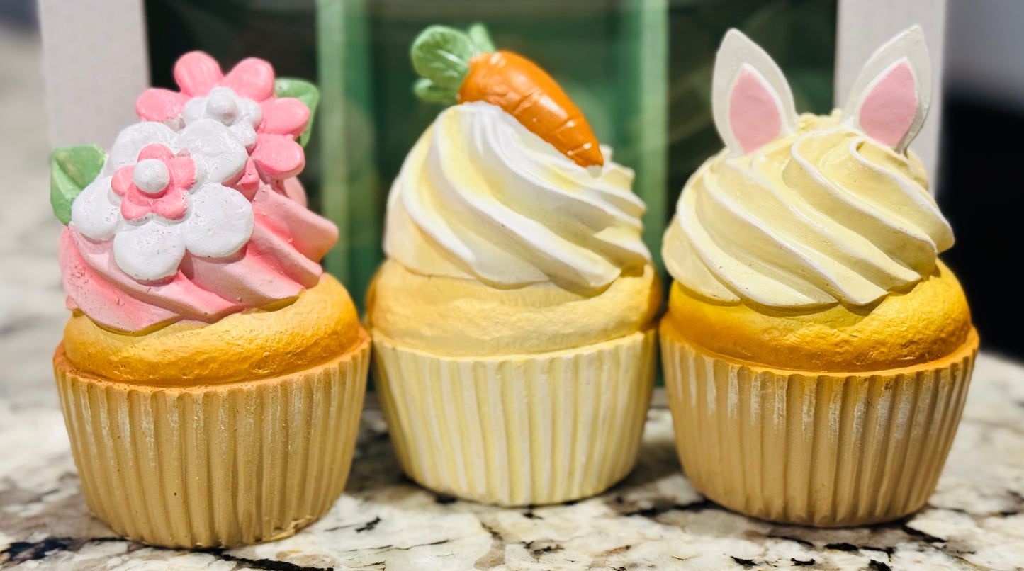 New in box 3-piece Easter decor Bunny Boulevard faux cupcake set