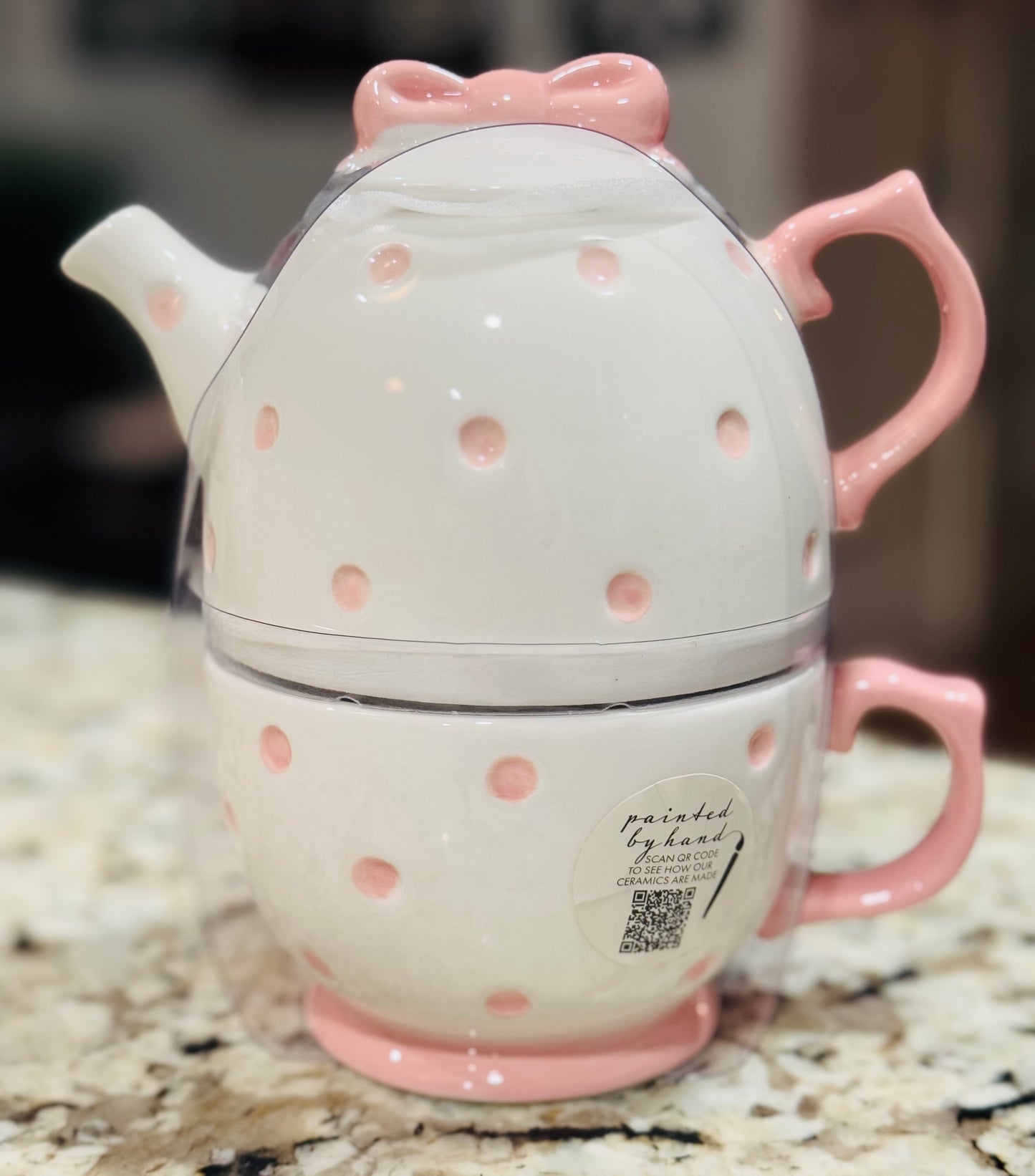 New ceramic pink and white polka dot and bow stacker tea-mug steaper set