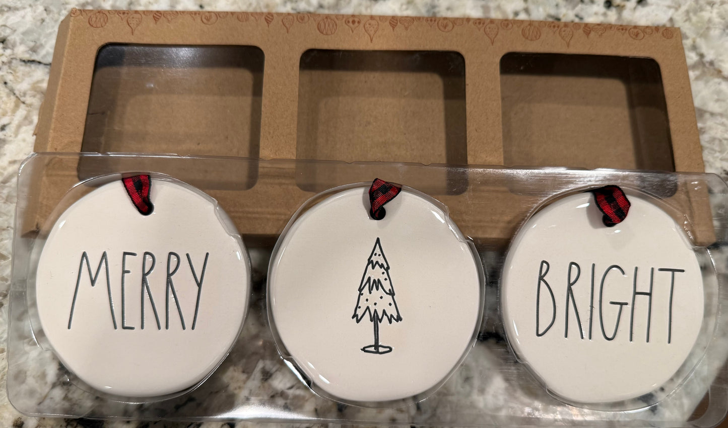 New Rae Dunn 3-piece ceramic Christmas ornament set MERRY TREE BRIGHT