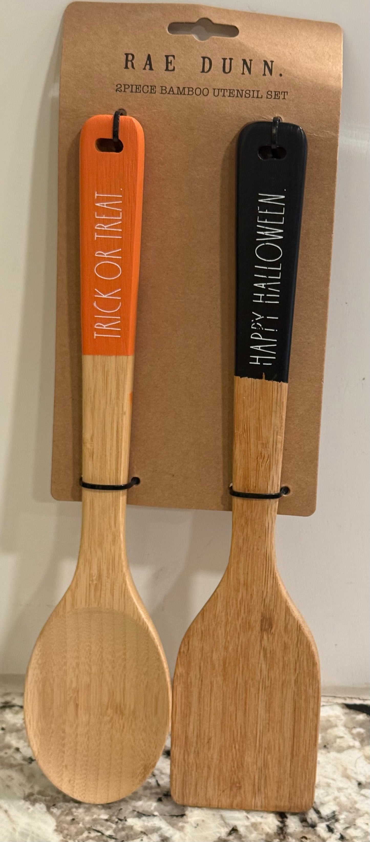 New Rae Dunn Halloween 2-piece bamboo utensil set TRICK OR TREAT/HAPPY HALLOWEEN