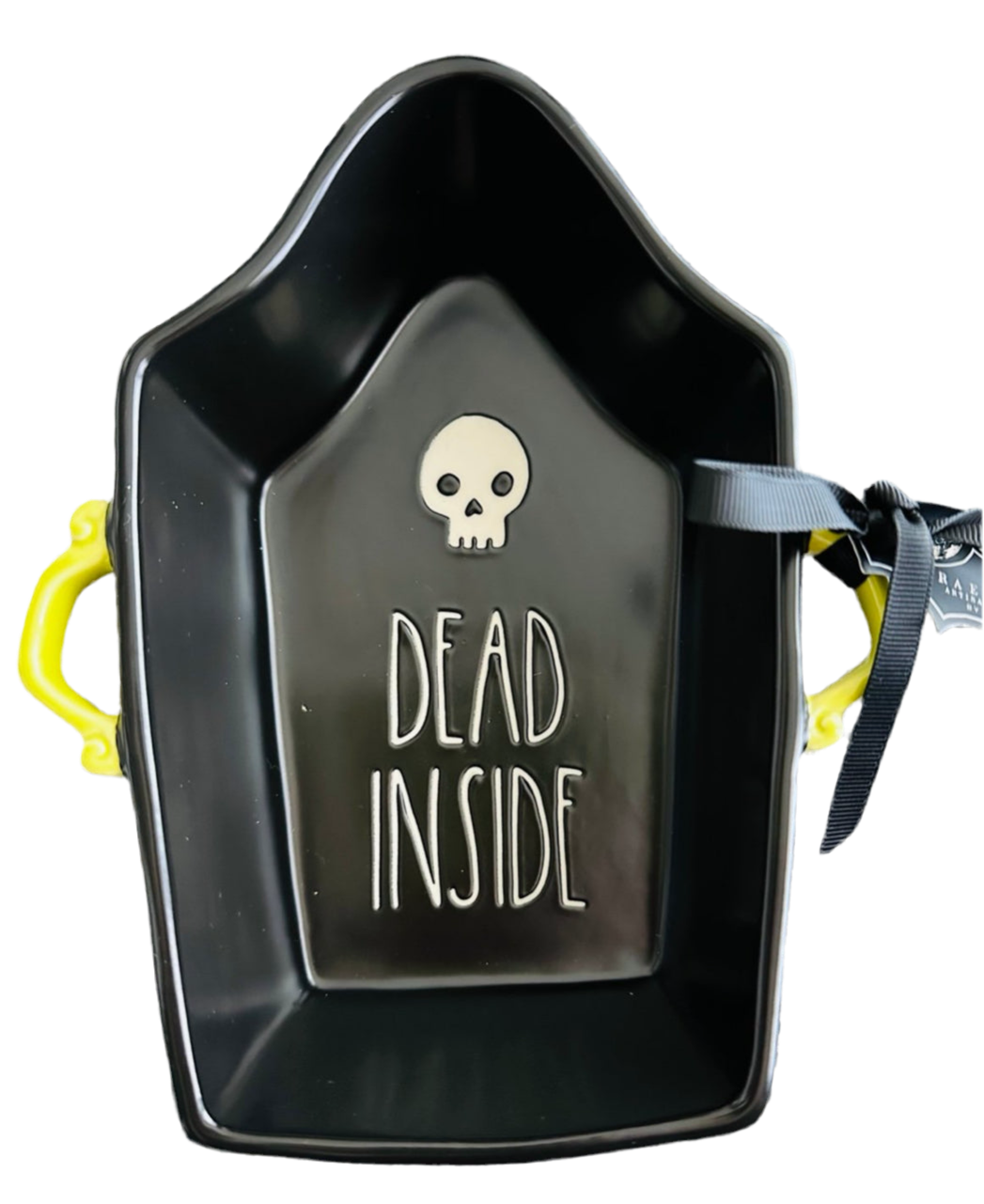 New Rae Dunn black ceramic Halloween coffin baking dish DEAD INSIDE