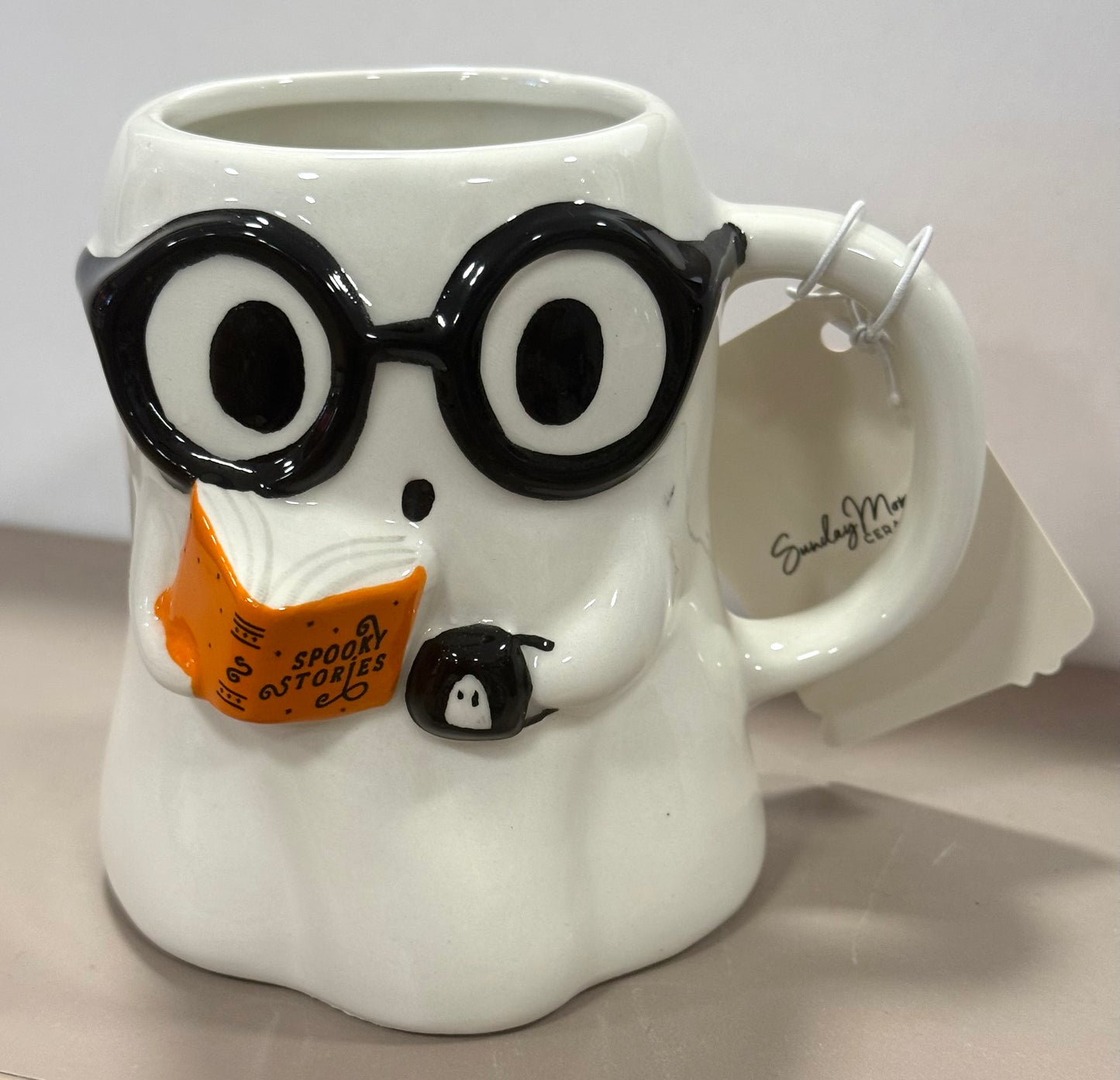 New white ceramic nerdy ghost with glasses book reading Halloween coffee mug