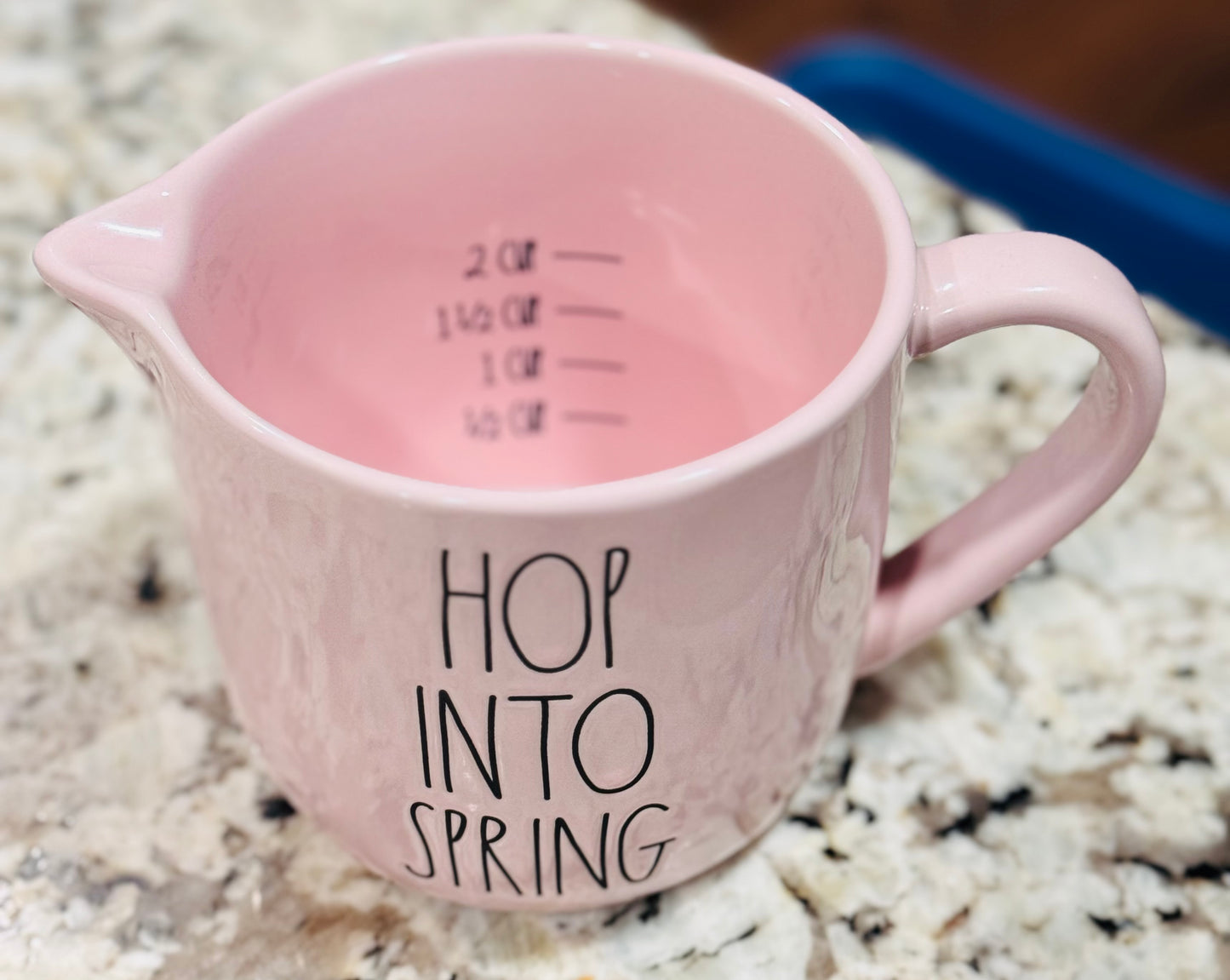 New Rae Dunn pink ceramic liquid measuring cup HOP INTO SPRING
