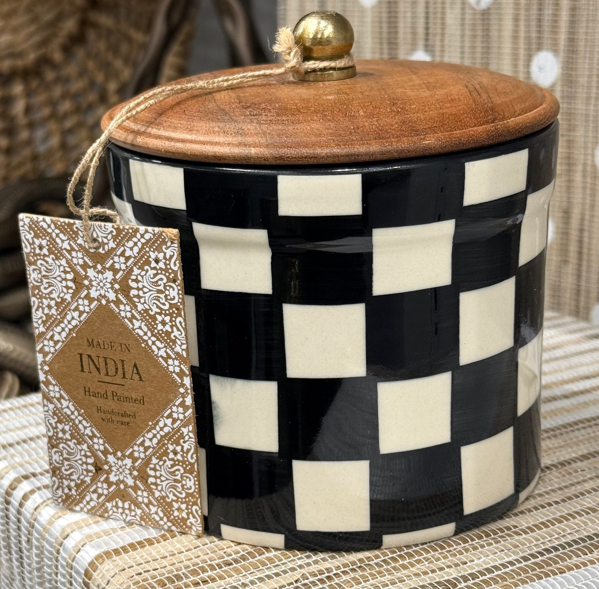 New Ceramic 5” Made in India black & white ceramic check canister
