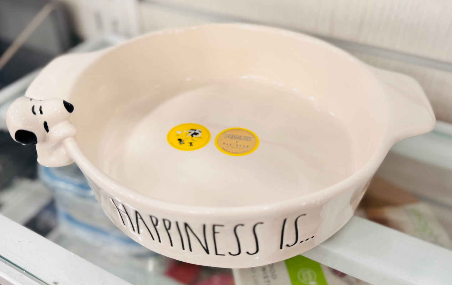 New Rae Dunn x Peanuts white ceramic round baking dish Peeking Snoopy HAPPINESS IS…