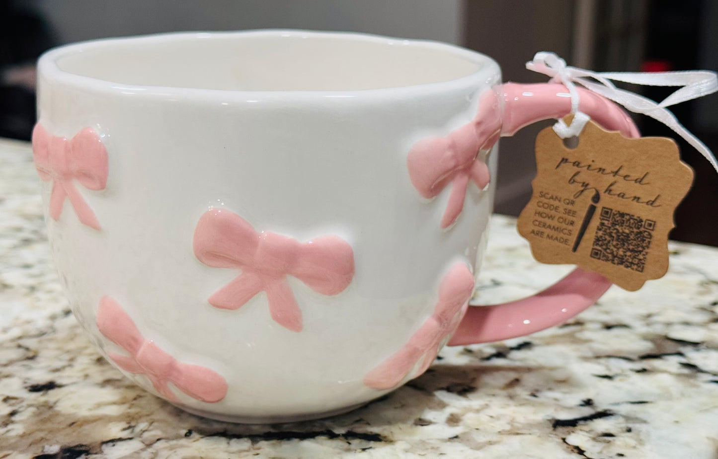 New ceramic white coffee mug with pink bows 🎀 hand painted