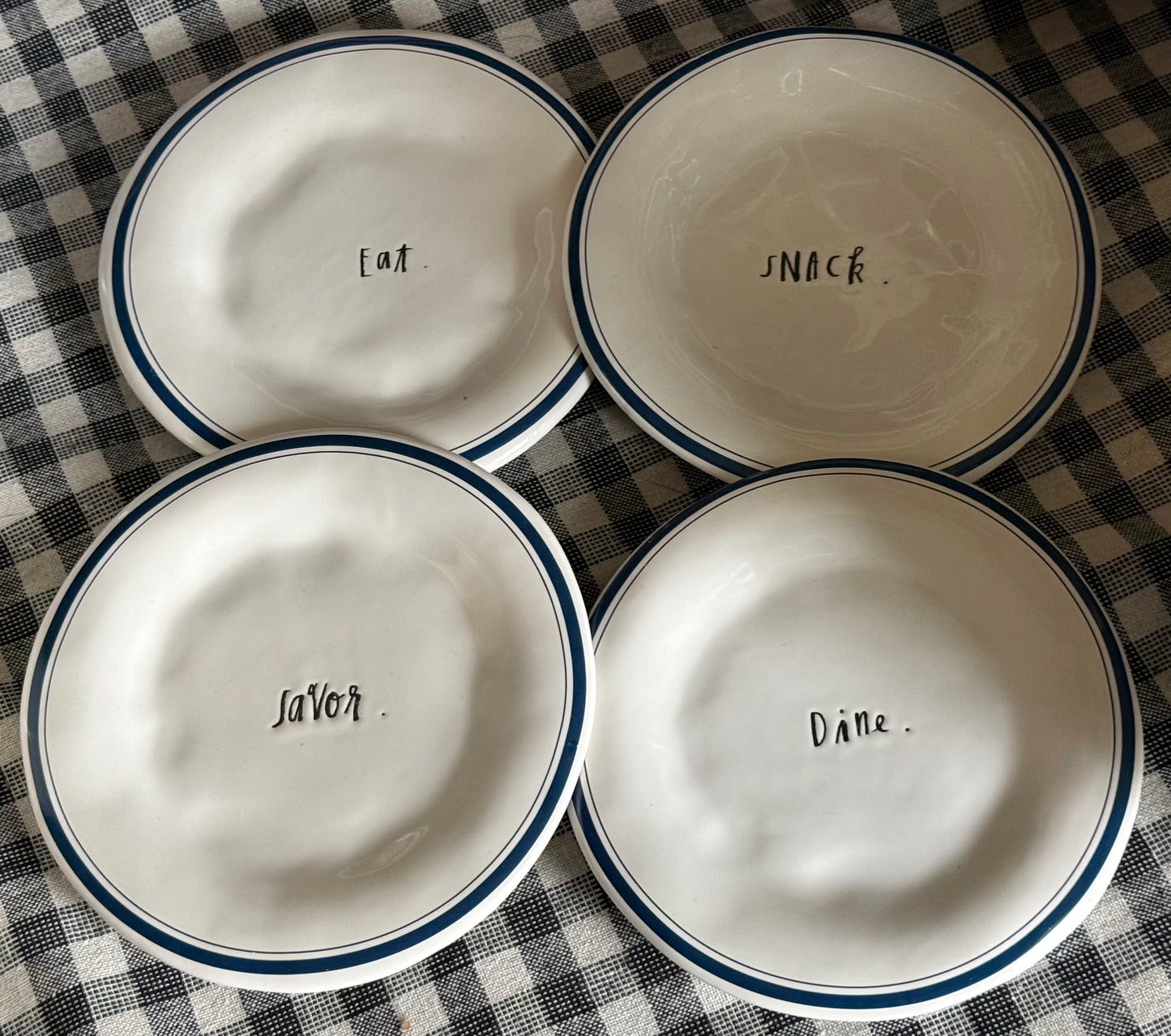 Rae Dunn vintage Blue Line ceramic 4-piece 6” dessert plate set
