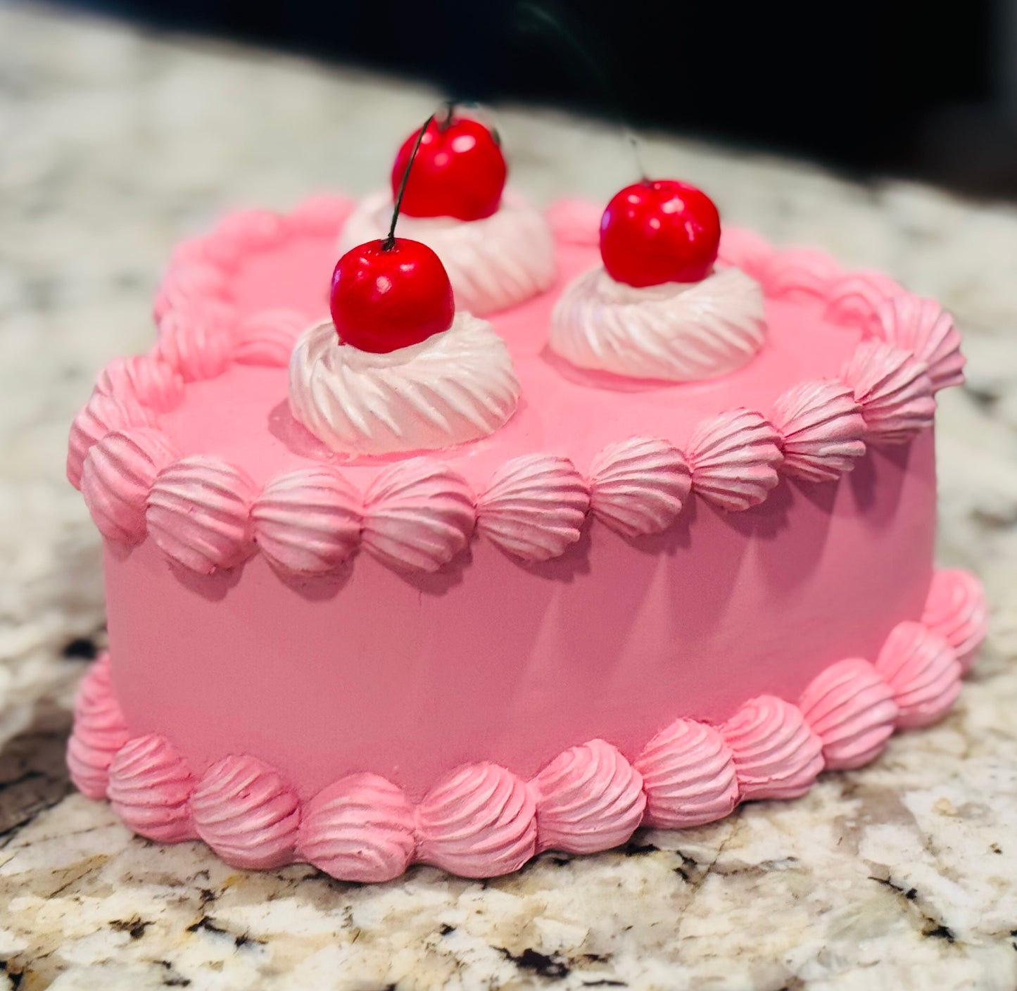 New pink faux cherry topped resin cake decor