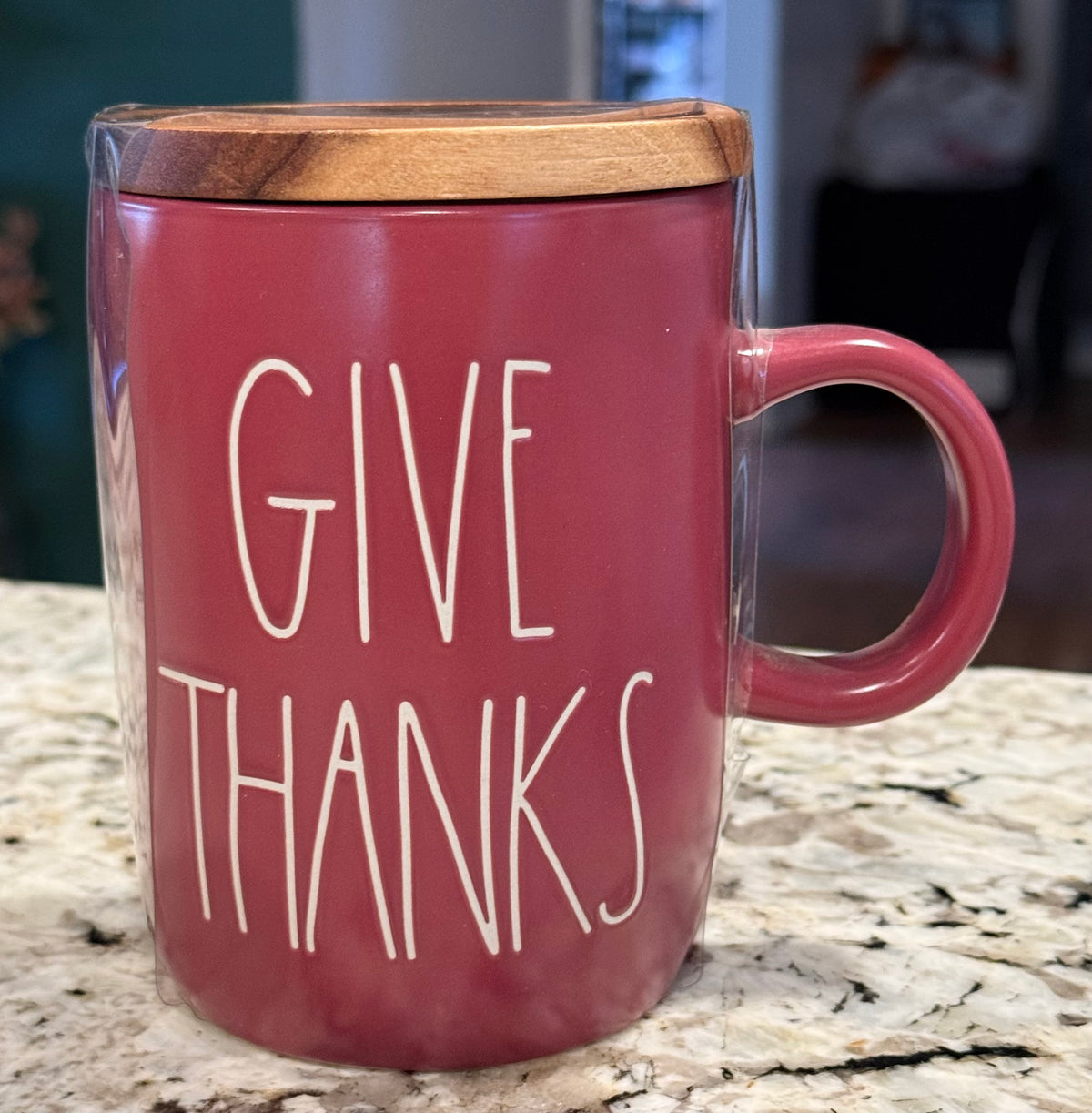 New Rae Dunn fall burgundy ceramic coaster top coffee mug GIVE THANKS