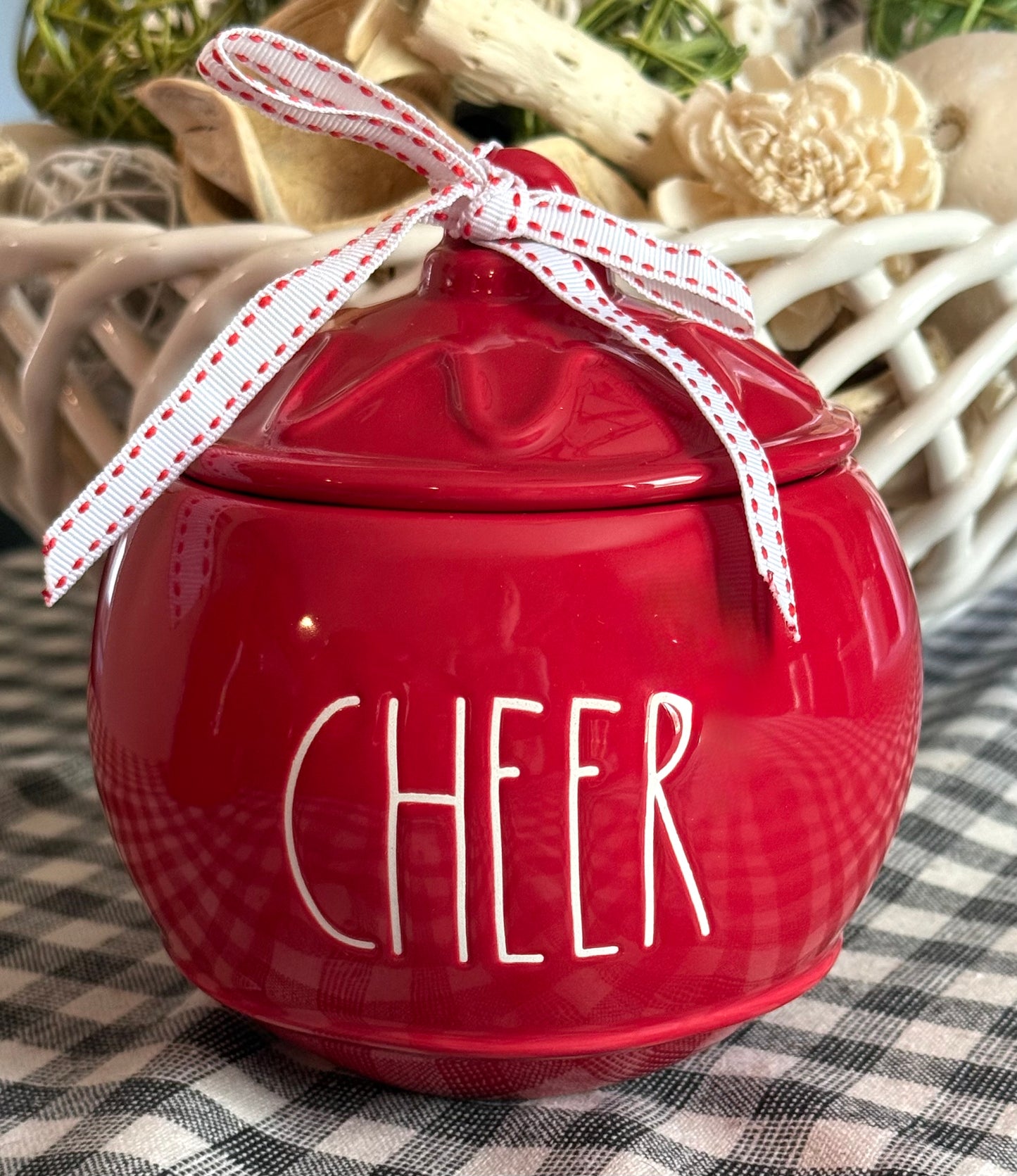 New Rae Dunn red ceramic Christmas storage decor ornament CHEER
