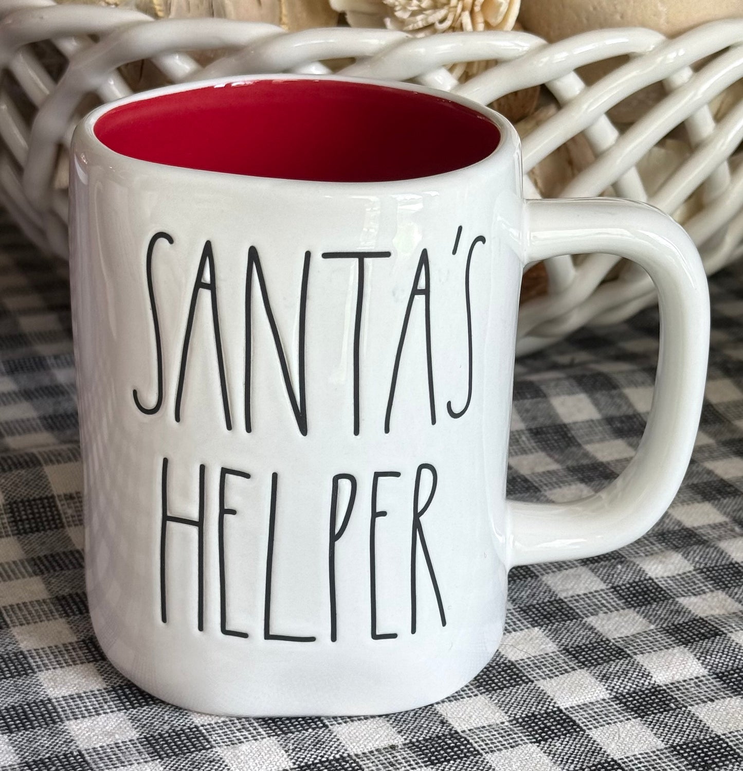New Rae Dunn white ceramic Christmas mug red interior, SANTA’S HELPER