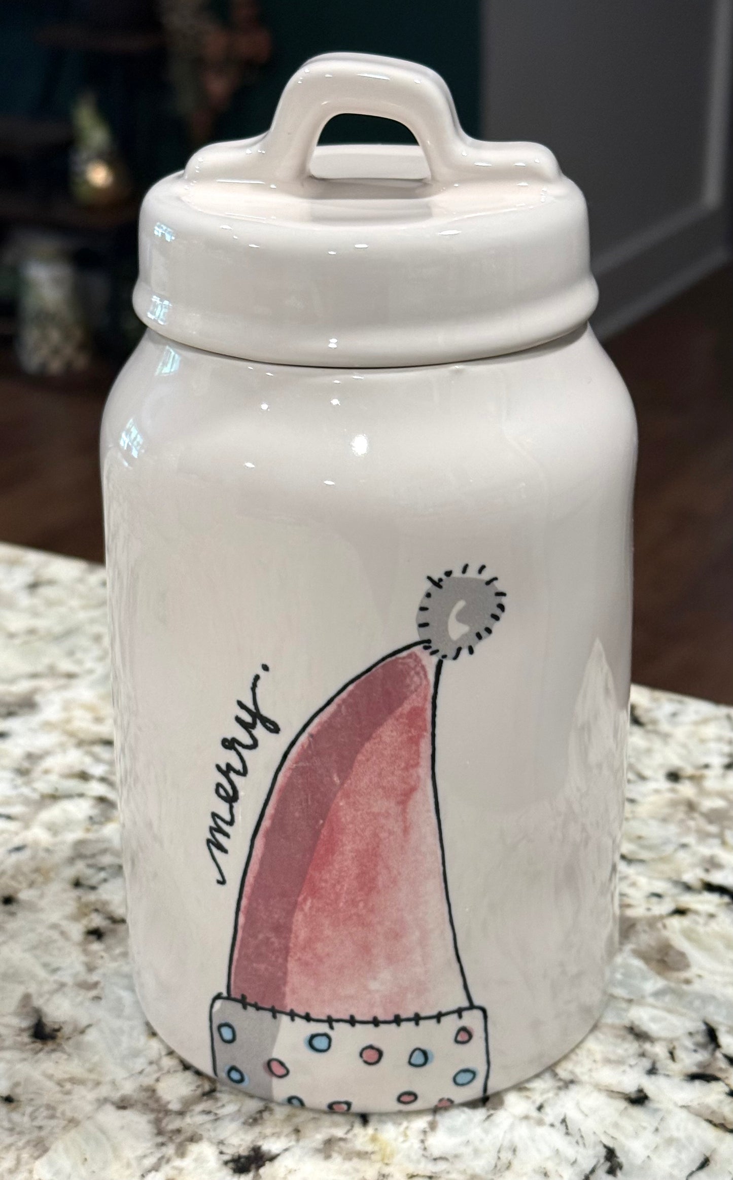 New Rae Dunn white ceramic Christmas canister MERRY Santa hat 8”