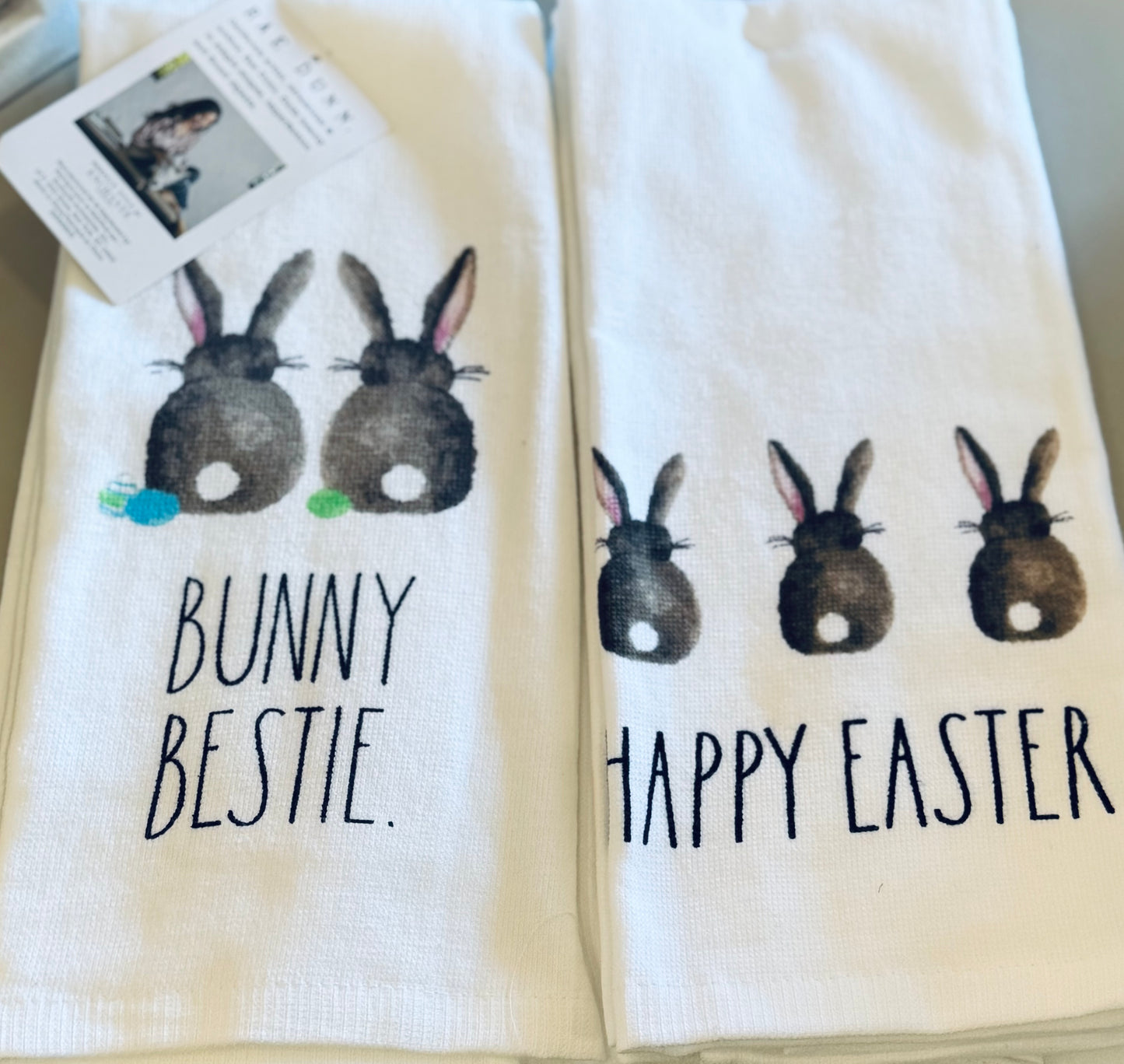 New Rae Dunn 2-piece Easter kitchen dish towel set BUNNY BESTIES/HAPPY EASTER
