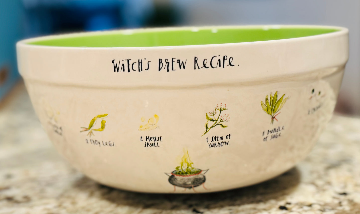 New Rae Dunn white ceramic Halloween bowl decor WITCHES BREW RECIPE. script