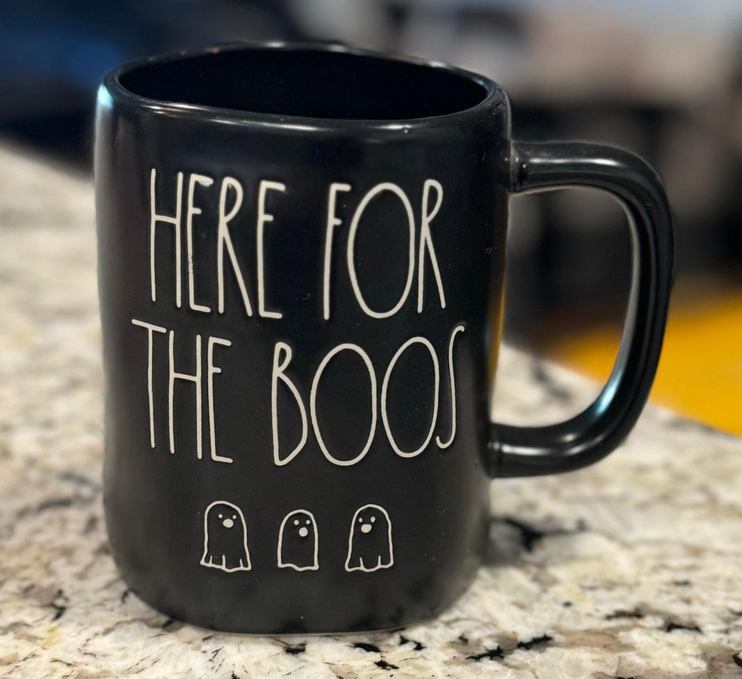 New Rae Dunn black ceramic Halloween HERE FOR THE BOOS coffee mug
