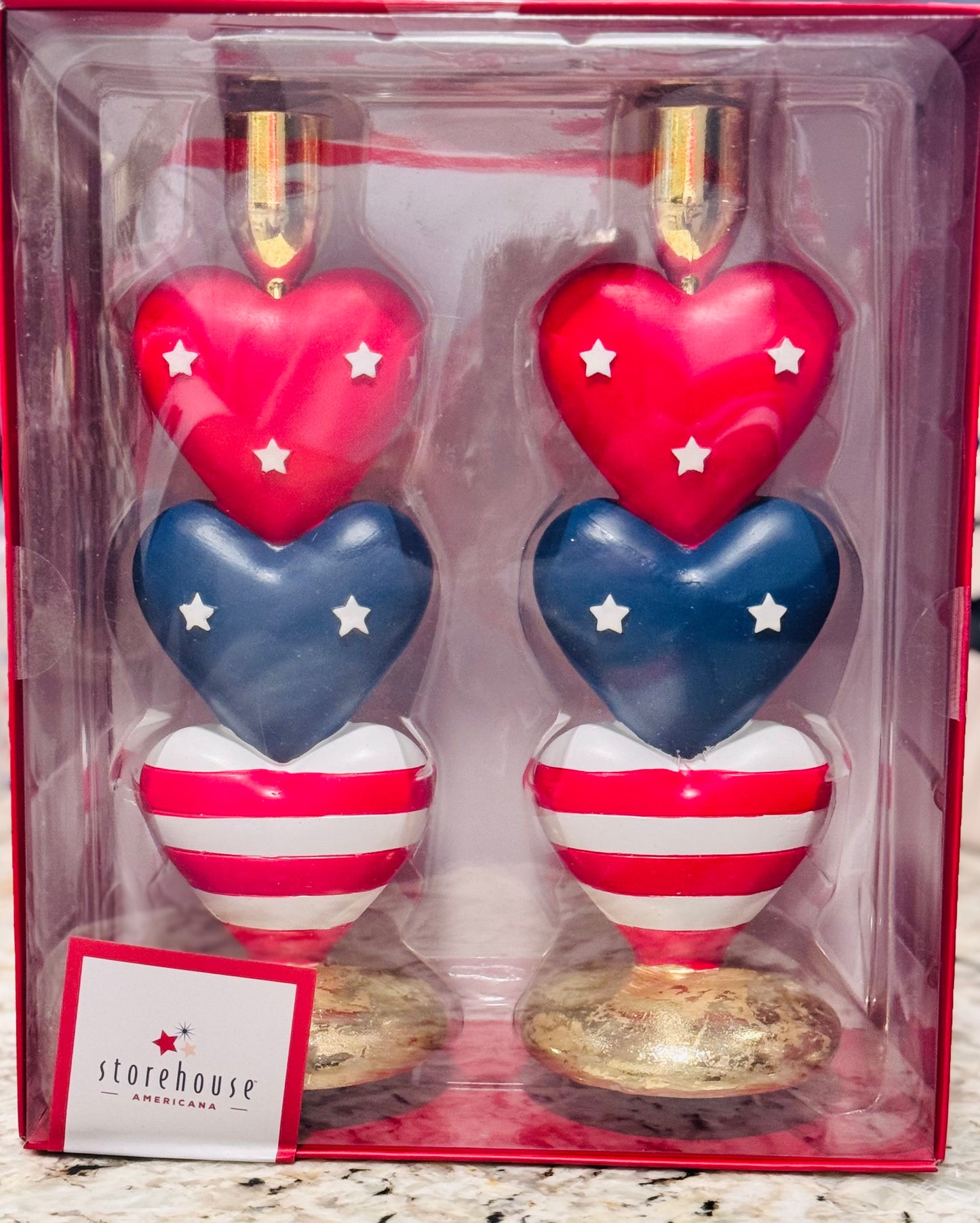 New Storehouse Americana 2-piece red, white, blue heart candlestick holder set