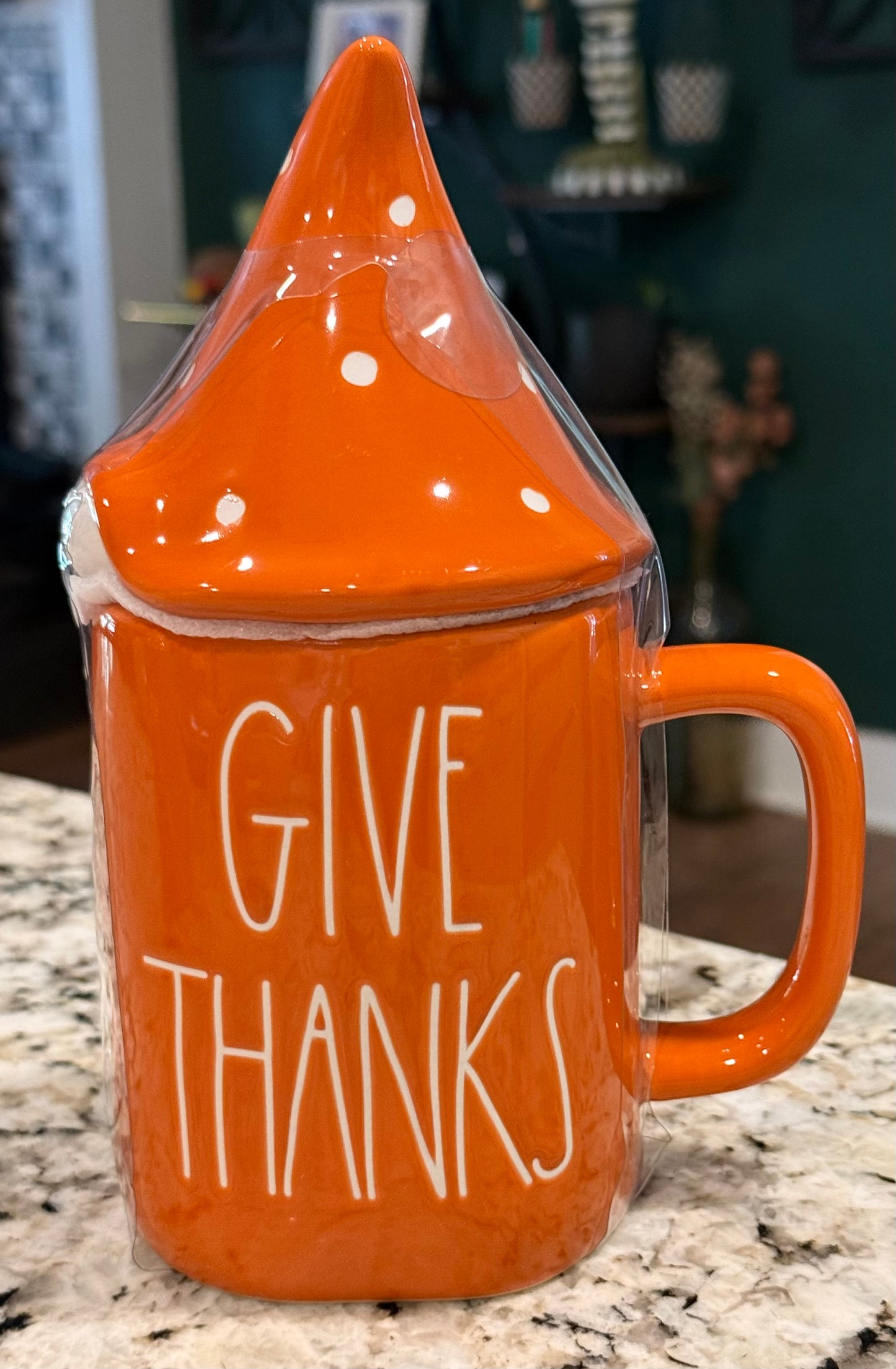 New Rae Dunn orange ceramic gnome topped coffee mug GIVE THANKS