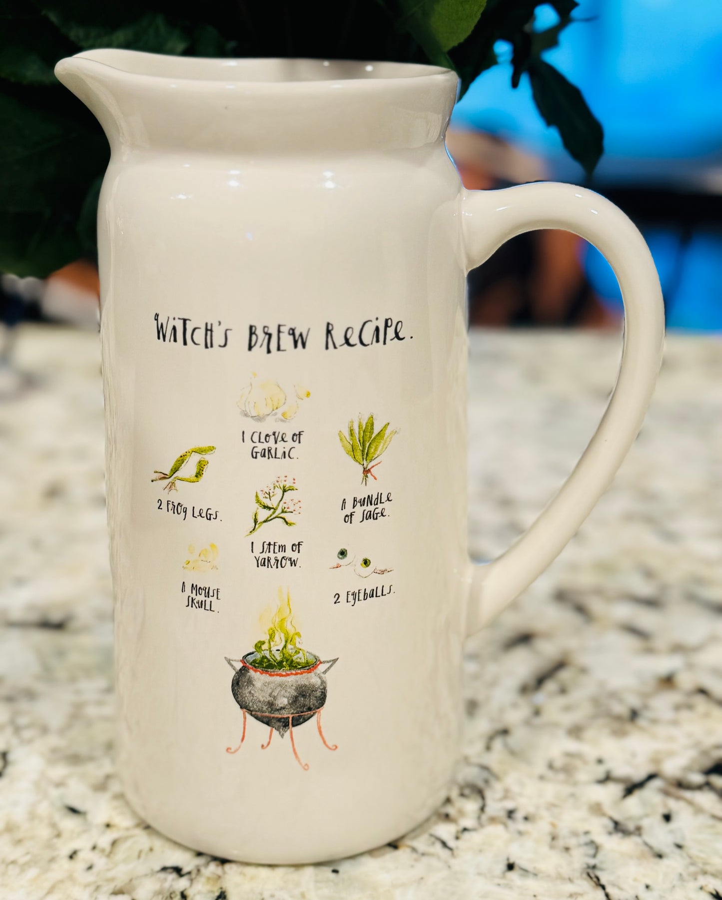 New Rae Dunn white ceramic Halloween pitcher decor WITCHES BREW RECIPE script