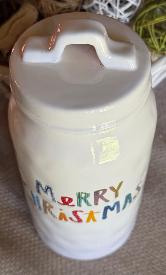 Rae Dunn white 9.25” ceramic retired MERRY CHRISTMAS canister