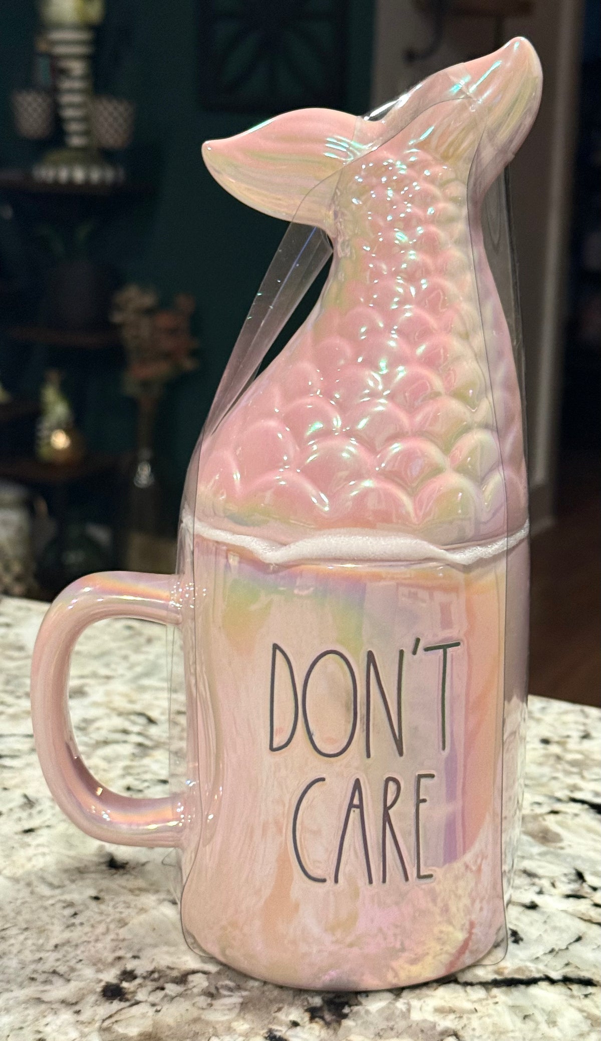 New Rae Dunn pink iridescent ceramic coffee mug mermaid tail topper MERMAID HAIR/DON’T CARE