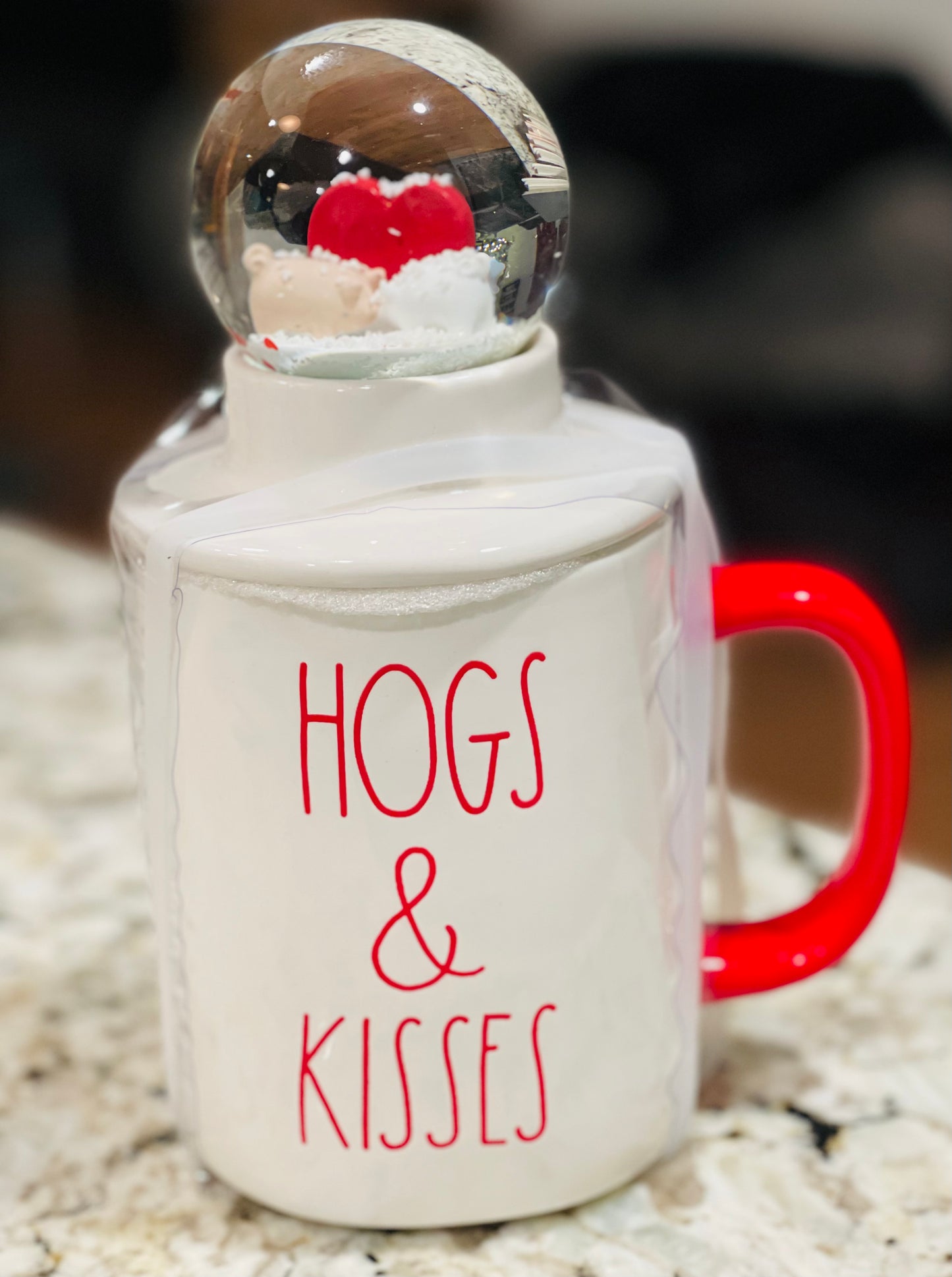 New Rae Dunn white ceramic Valentines Day mug with pig Snowglobe topper HOGS & KISSES