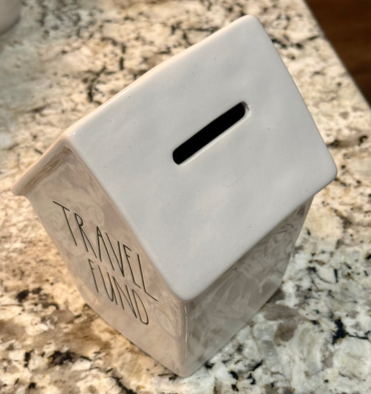 New Rae Dunn white ceramic TRAVEL FUND piggy bank