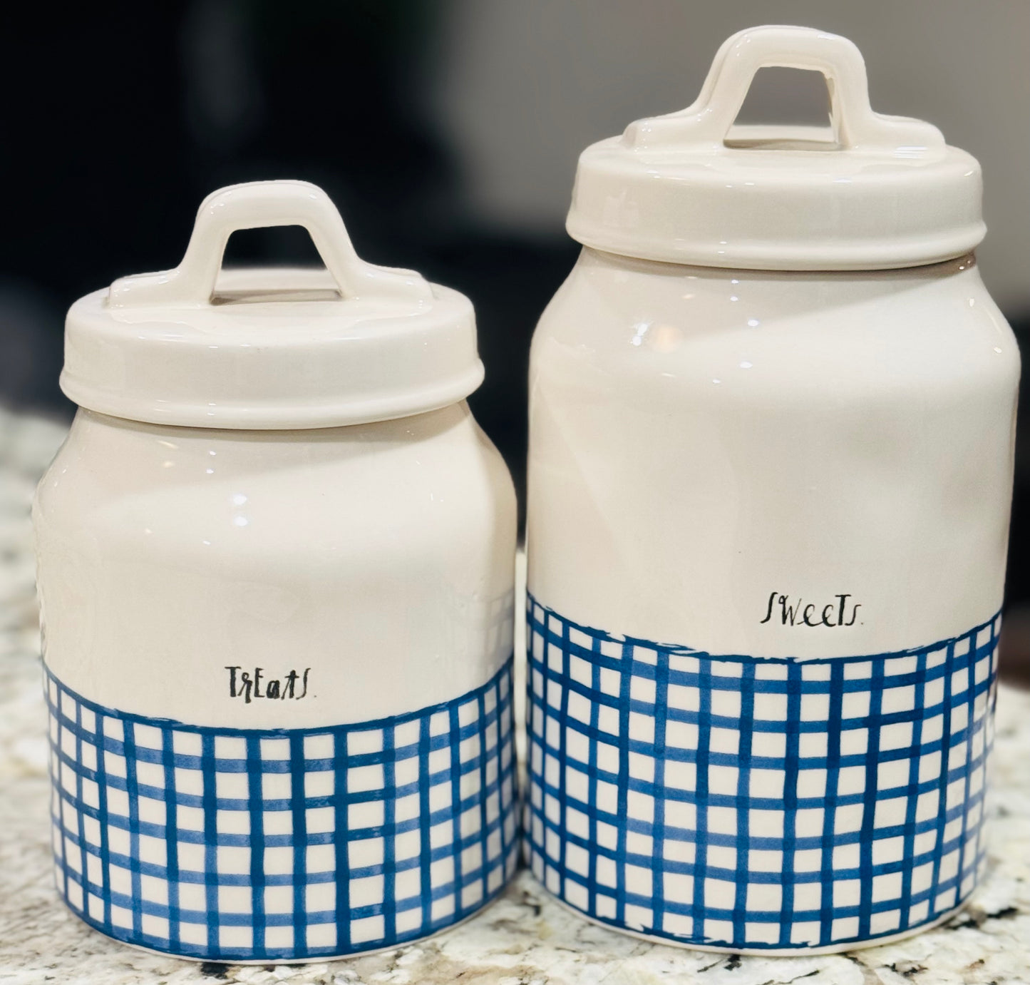 Rae Dunn 2-piece blue plaid canister set SWEETS & TREATS
