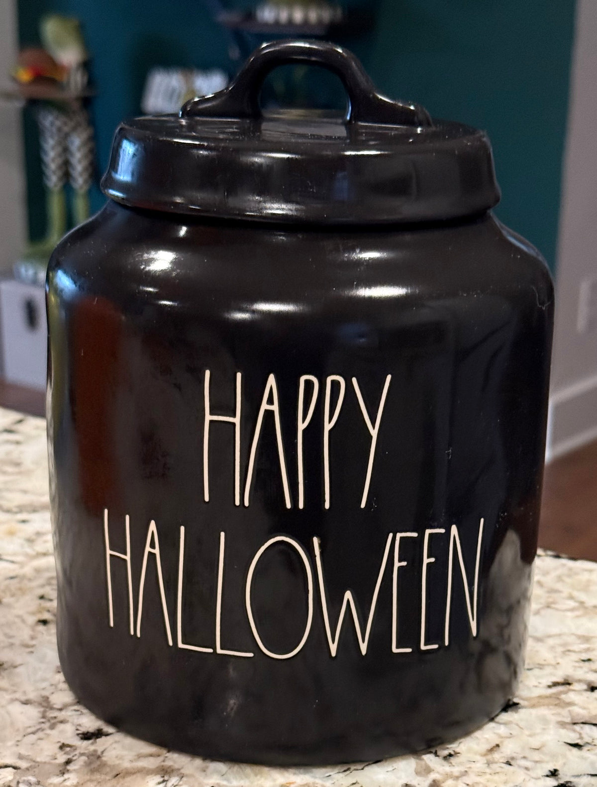 New Rae Dunn black ceramic 8” HAPPY HALLOWEEN decor canister cookie jar