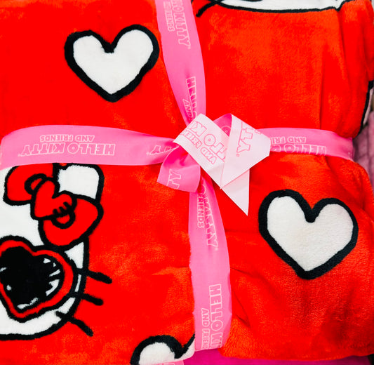 New Hello Kitty red heart glasses Valentines throw blanket 60x90 TWIN