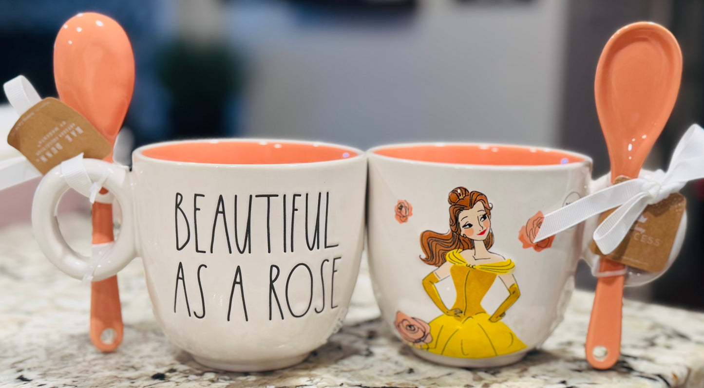 New Rae Dunn x Disney’s Beauty and the Beast ceramic teacup with spoon BEAUTIFUL AS A ROSE
