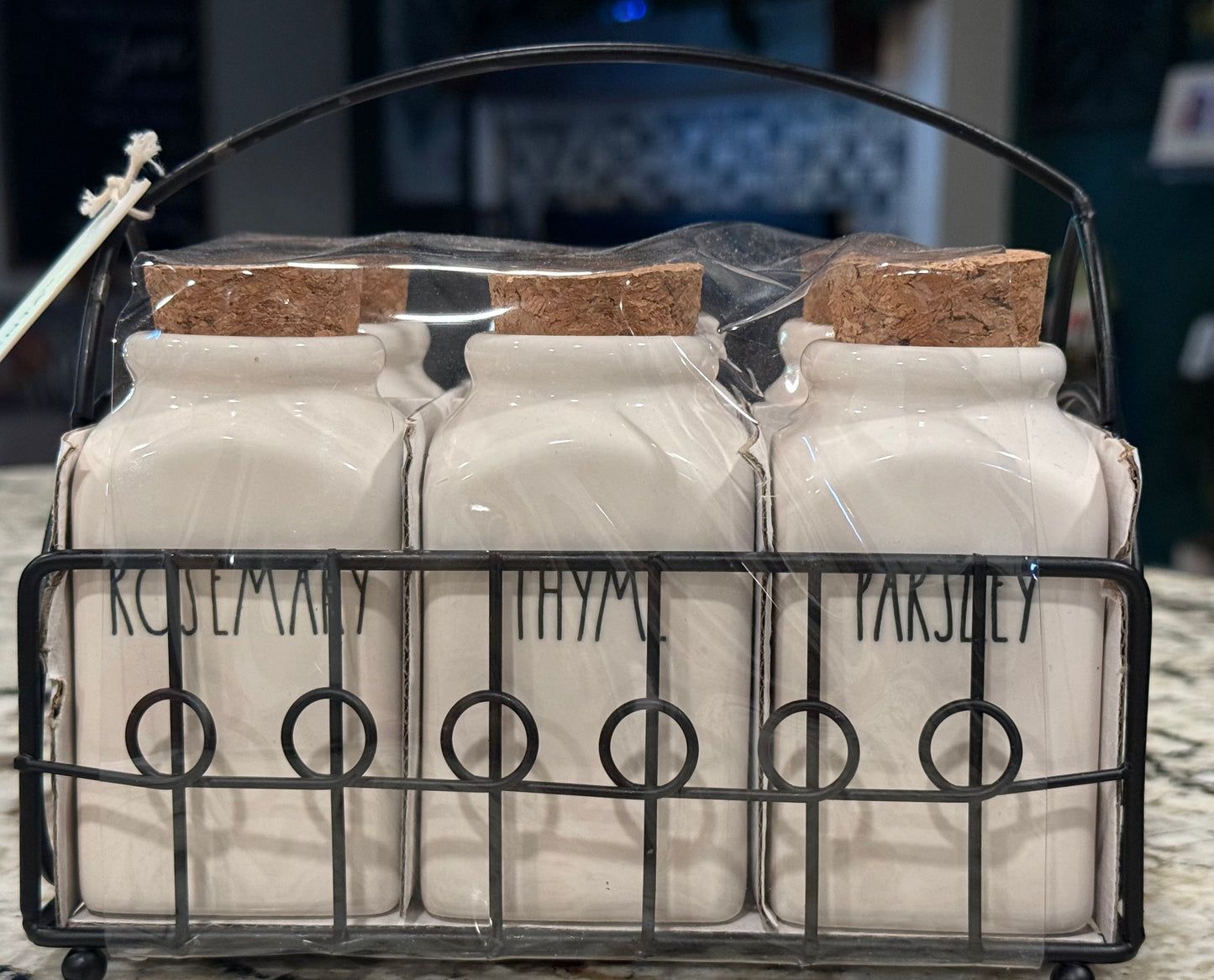 New Rae Dunn white ceramic 6-piece storage spice jar set with metal basket