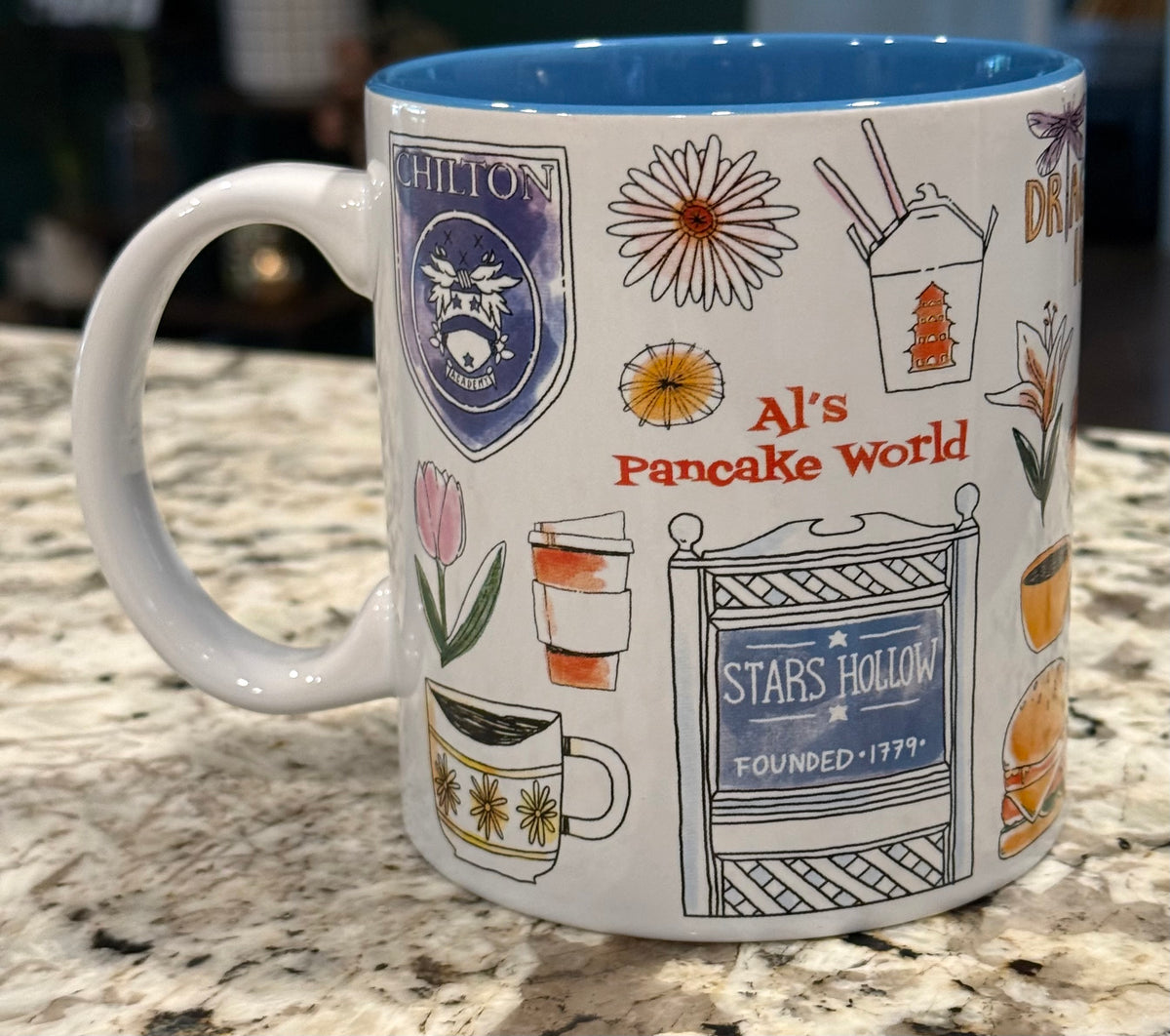 New 20oz The Gilmore Girls white logo ceramic coffee mug blue interior -stars hollow