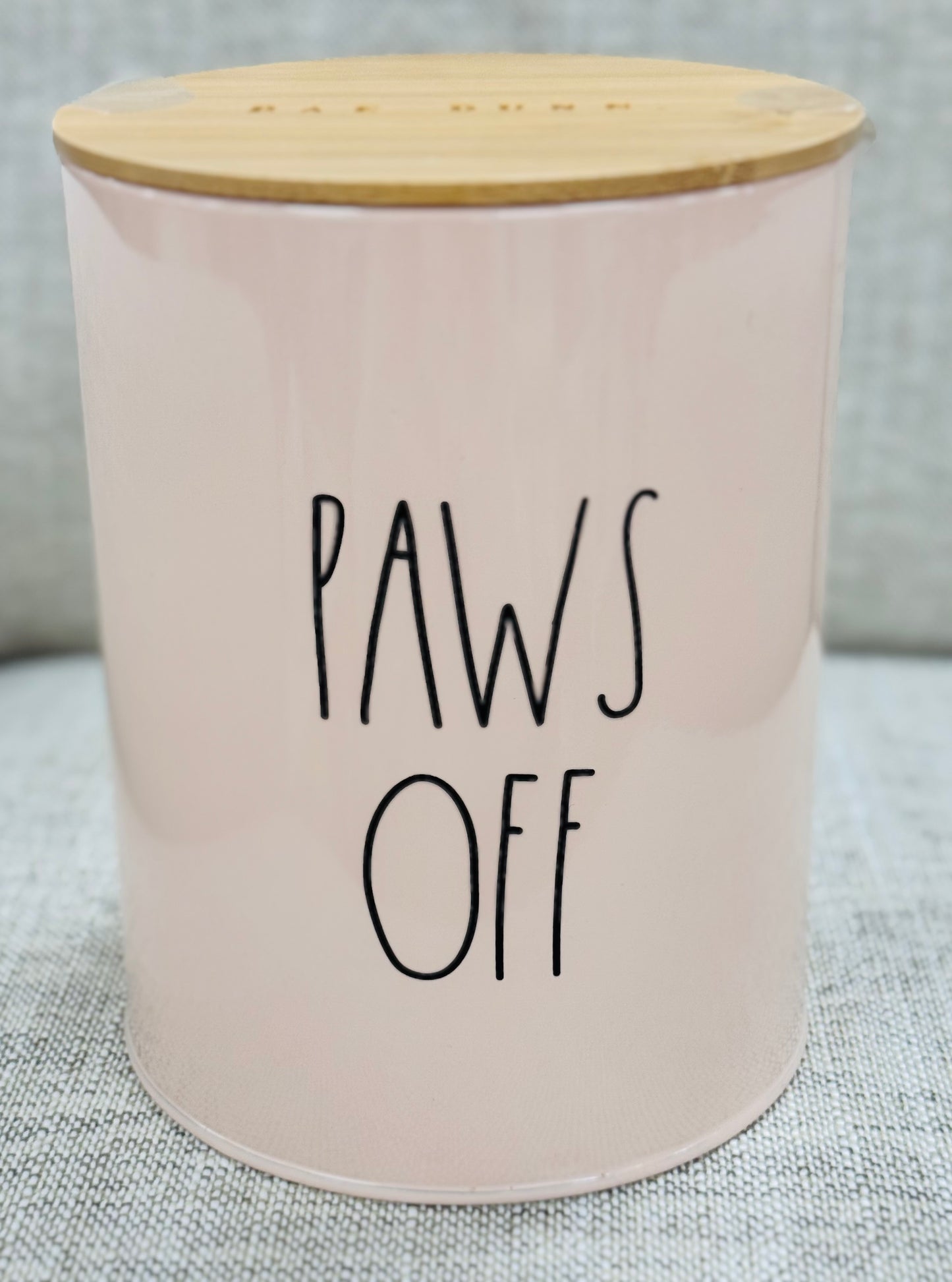 New Rae Dunn off pink lidded tin PAWS OFF 7x5.25 storage container